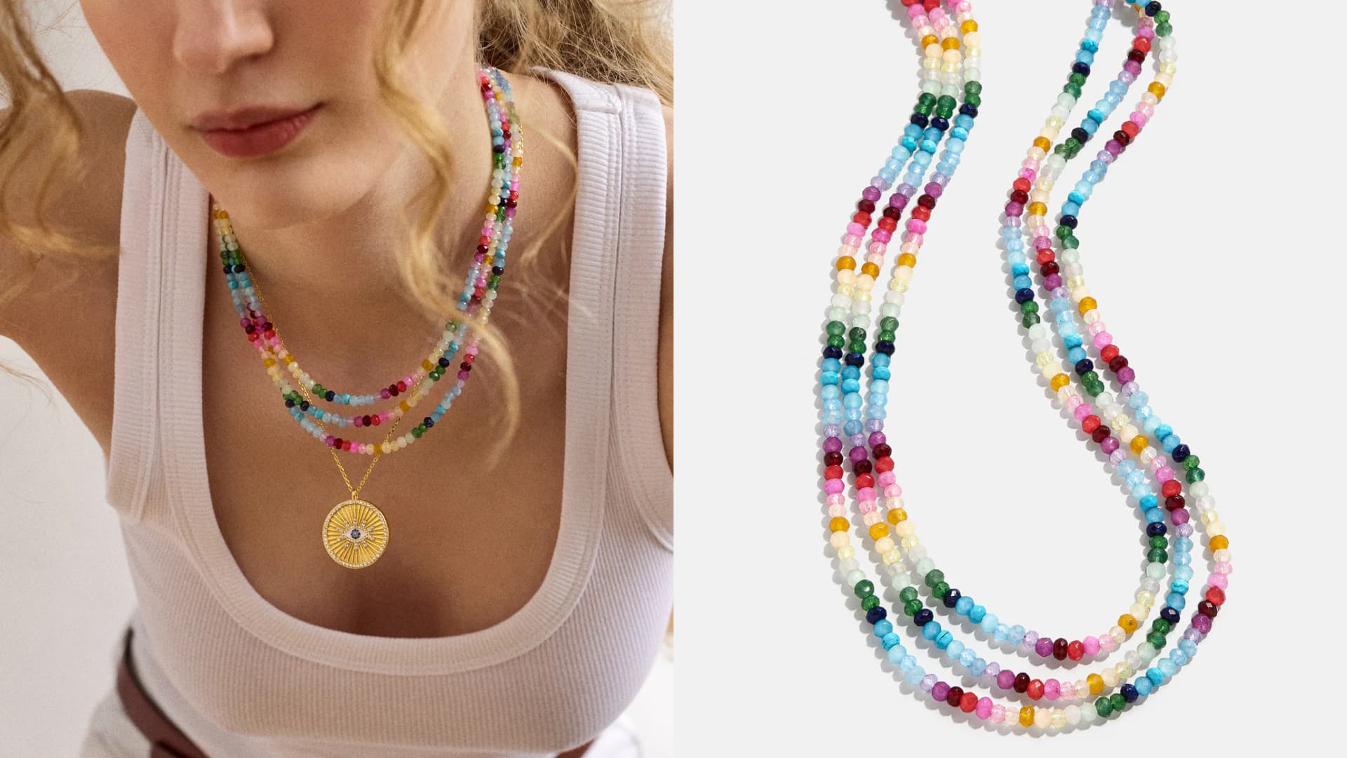 A multicolored triple-beaded necklace.