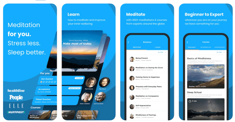 The screen of a meditation app showing available guided meditations, audio tracks, and other features, representing free meditation apps