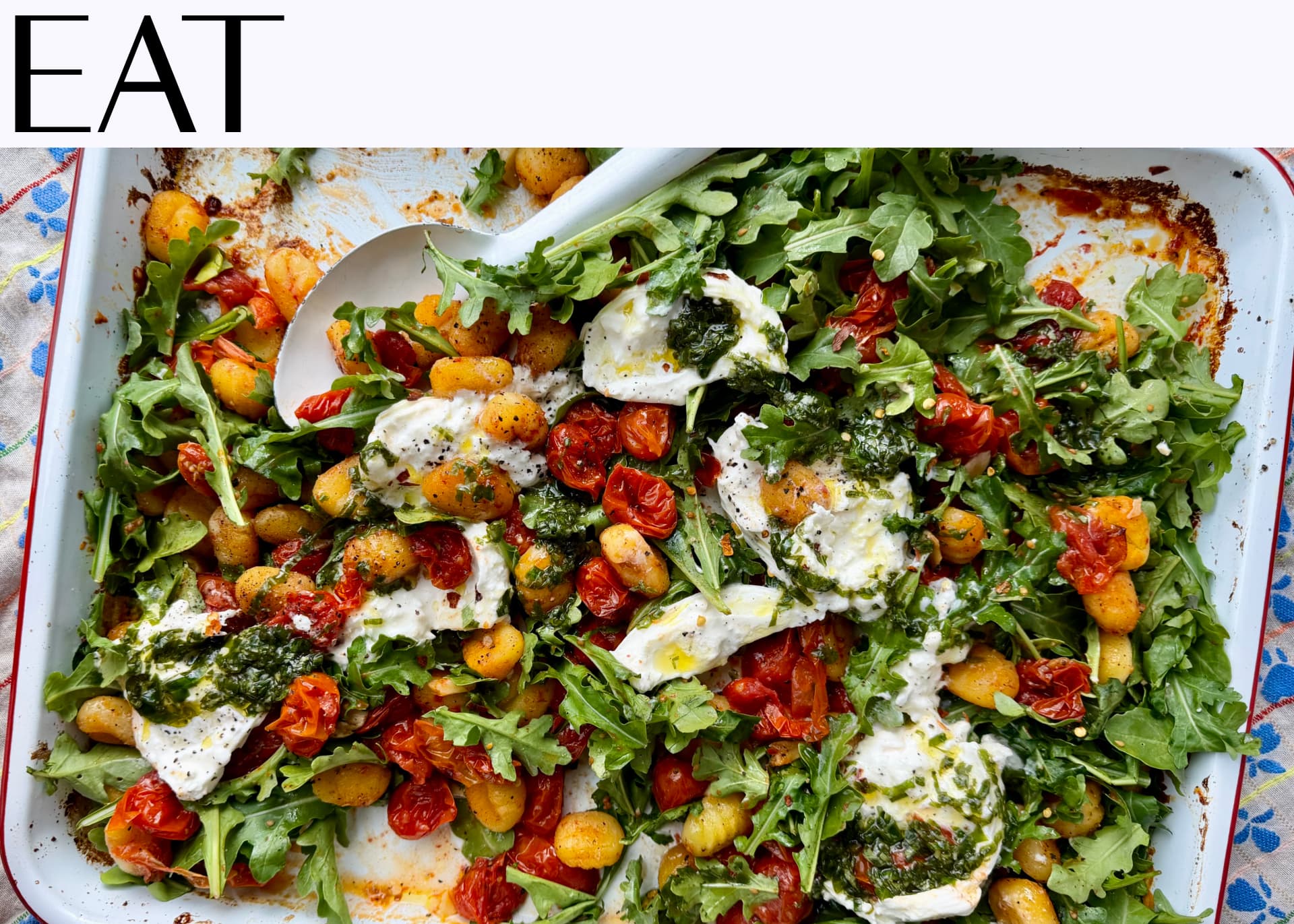 Dan Pelosi’s Sheet Pan Gnocchi with Roasted Tomatoes, Arugula, and Burrata