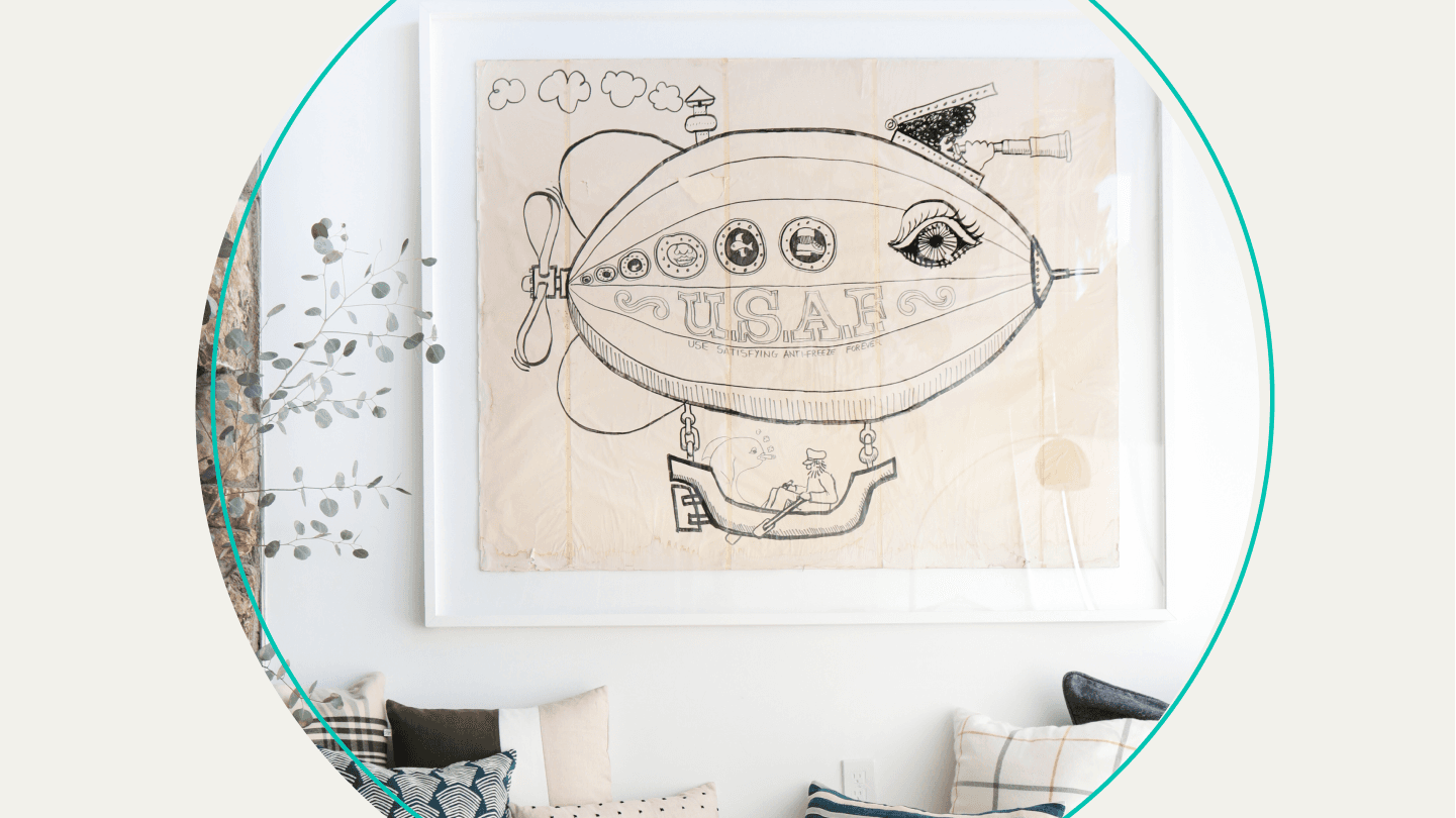 ink drawing of a blimp that is also a hot air balloon that has an eye and says USA on it