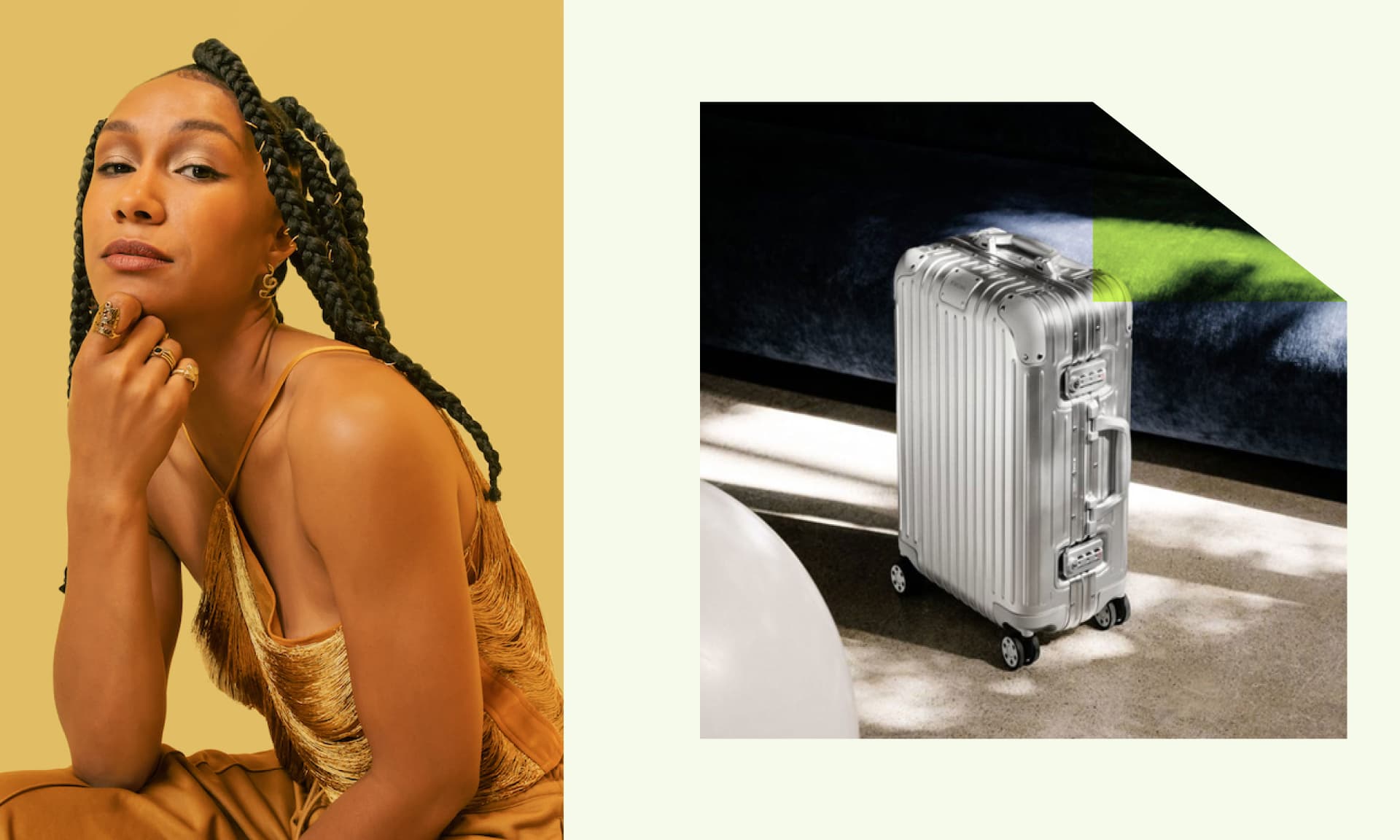 Nicole Cardoza headshot next to photo of suitcase