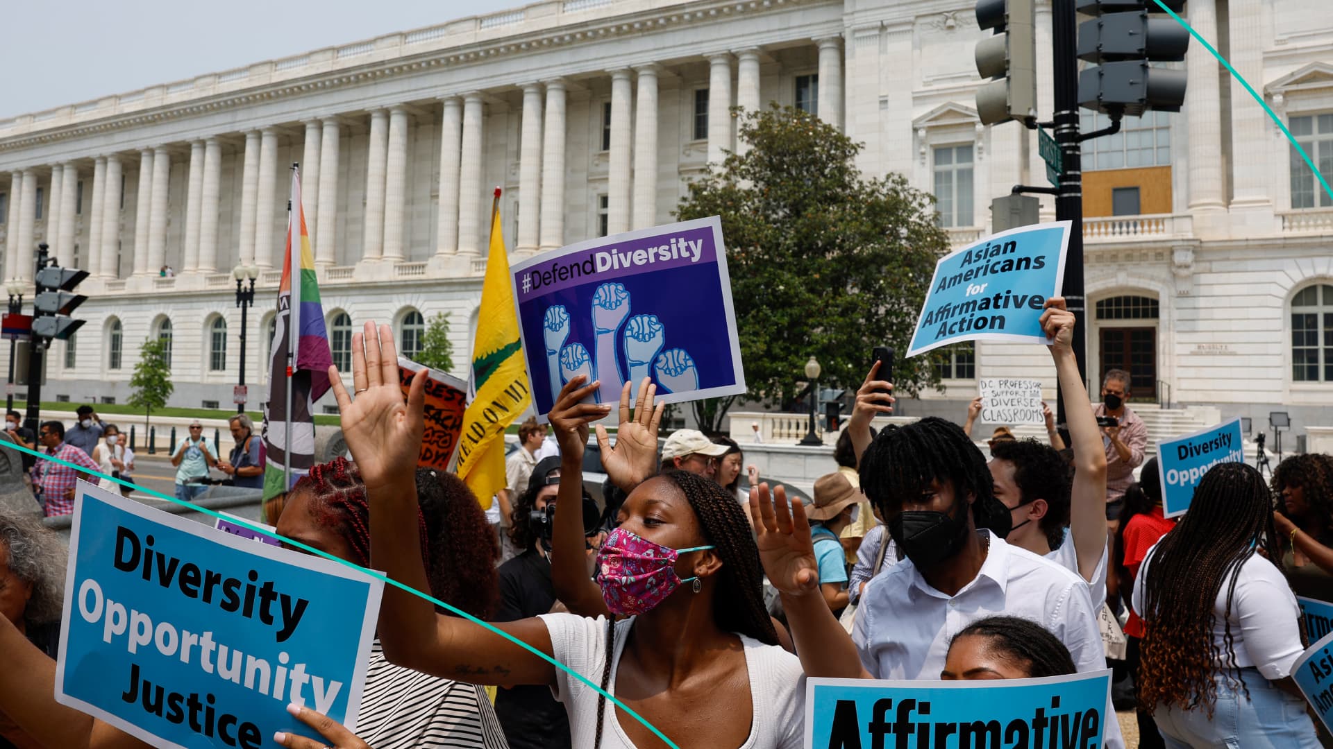 Supporters of affirmative action protest near the U.S. Supreme Court Building on Capitol Hill on June 29, 2023 in Washington, DC.