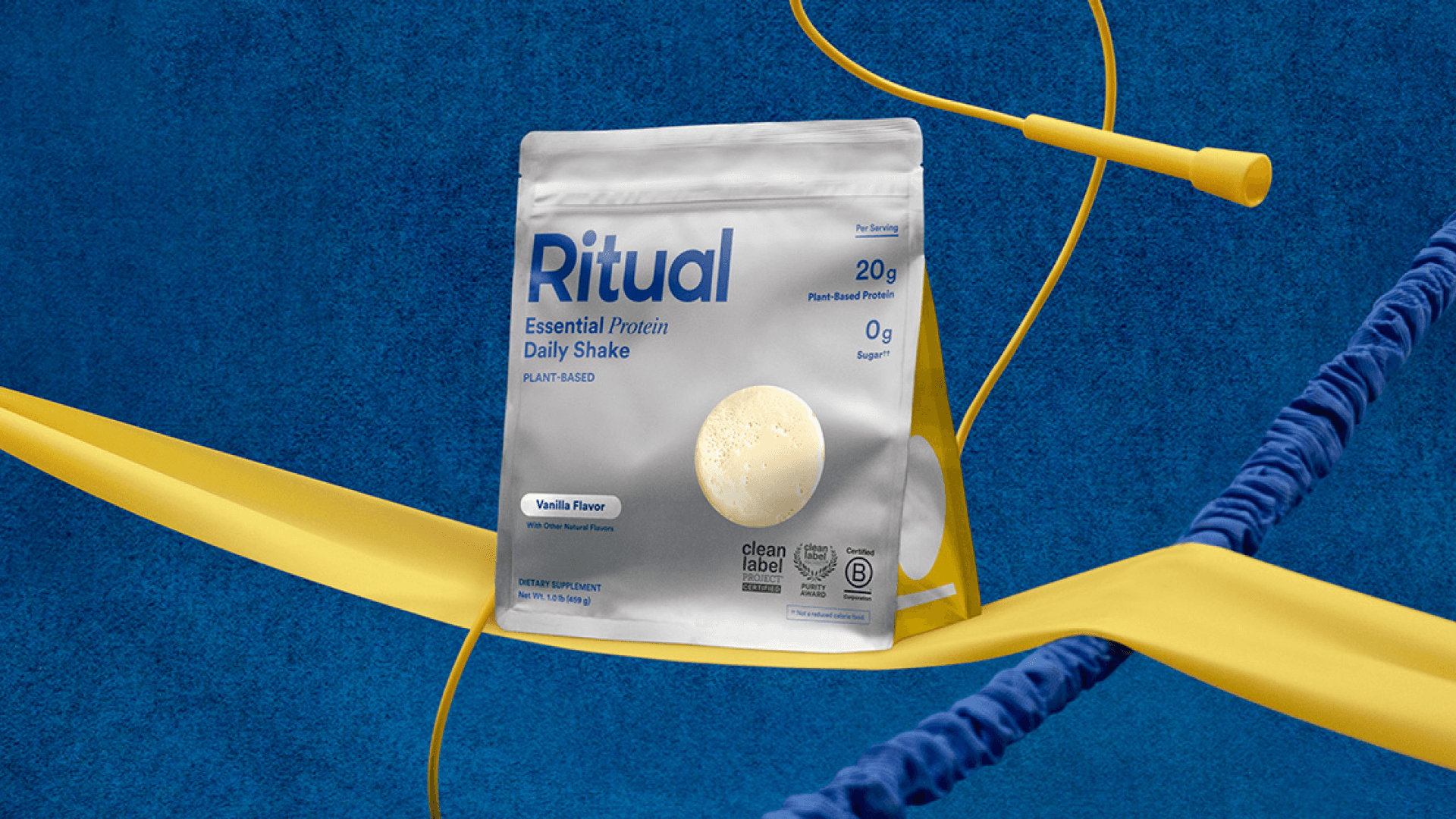 Woman drinking Ritual daily shake, image of daily shake pouch