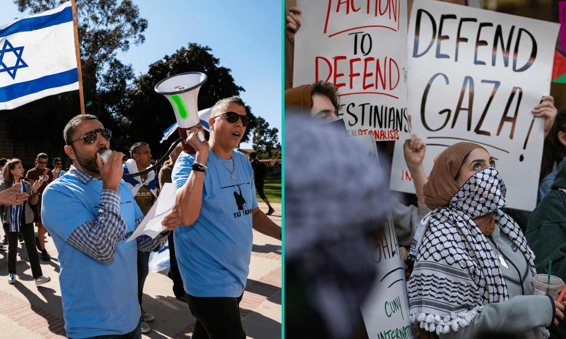 Students from Hunter College chant and hold up signs during a pro-Palestinian demonstration and Members of the Jewish community and their allies protest antisemitism and the upcoming National Students for Justice in Palestine conference at the UCLA campus