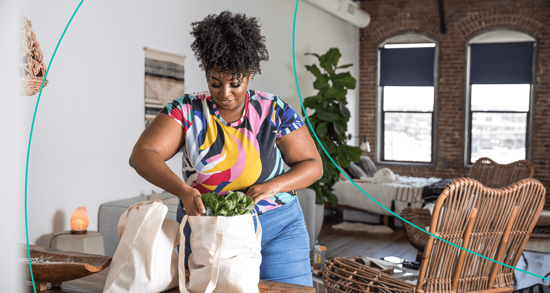 A woman at home pulling groceries from her reusable bags