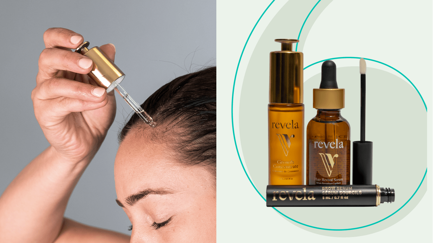 Revela serums and a woman using a hair serum