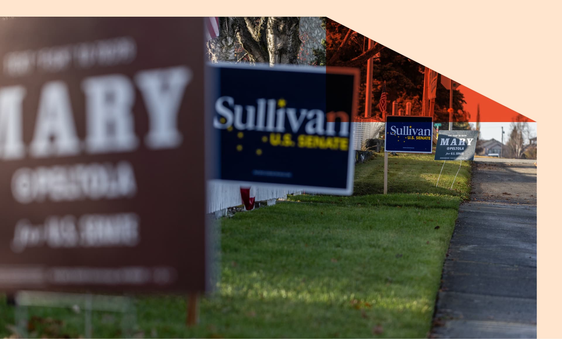 Campaign signage for Senator Dan Sullivan, a Republican from Alaska, and former Representative Mary Peltola, a Democratic from Alaska and US Senate candidate, ahead of the midterm election in Anchorage, Alaska.