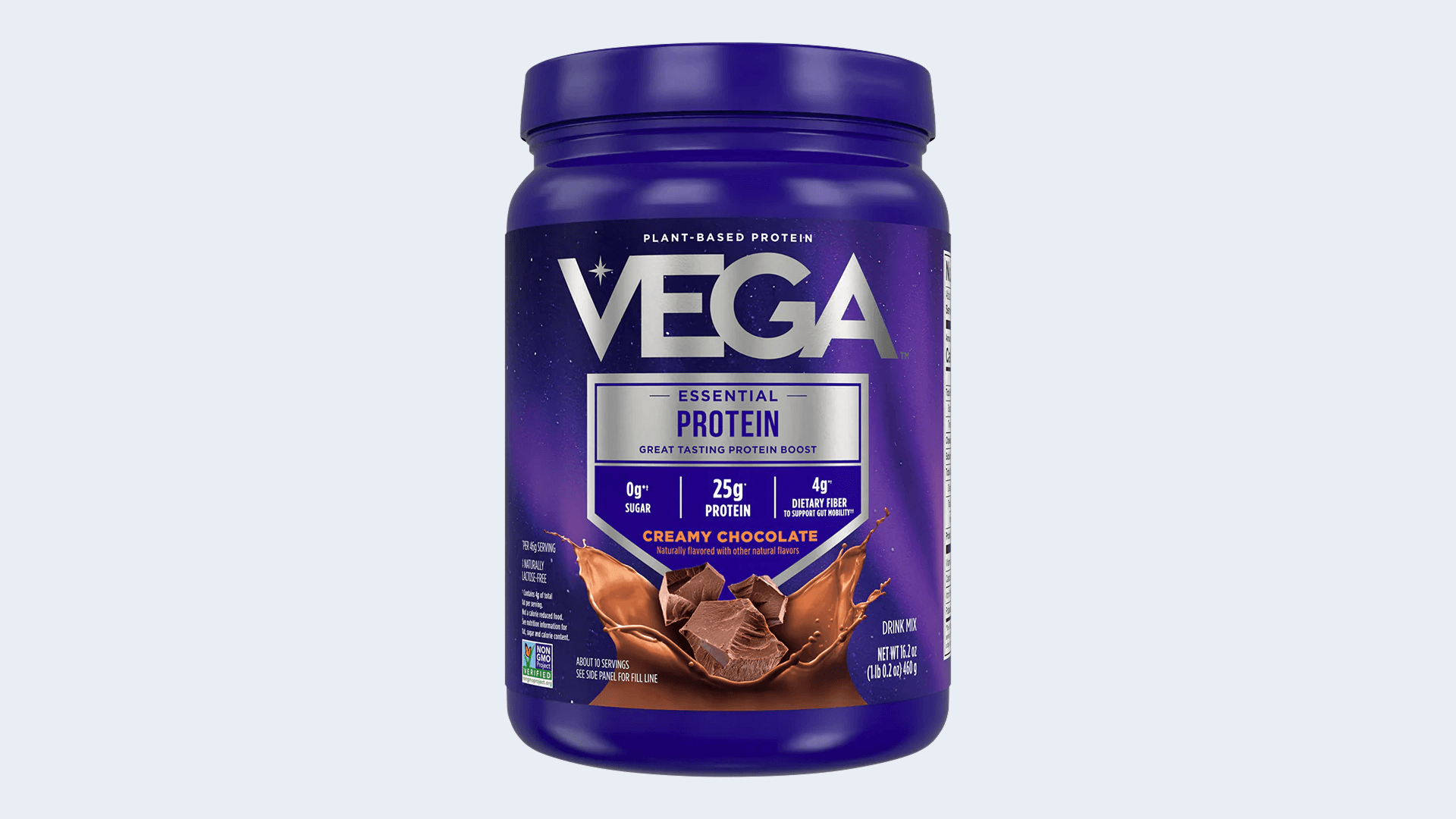Purple jug of Vega protein powder in creamy chocolate flavor