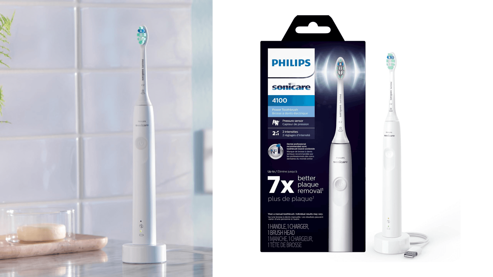 Philips Sonicare 4100 Rechargeable Electric Toothbrush, with Pressure Sensor, 2 Intensity Settings, SmarTimer and QuadPacer, 14-Day Battery Life, White, Model HX3681/23