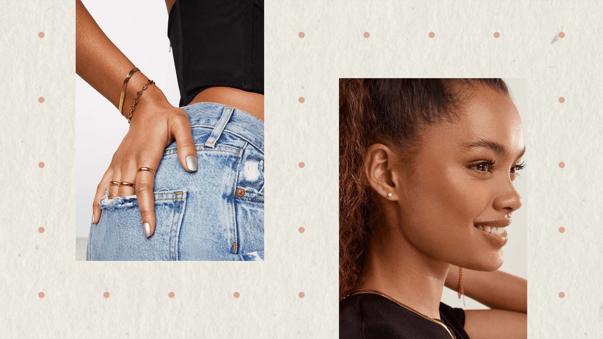 peg board visual with two different images of a woman posing wearing earrings, rings, bracelets, and a necklace