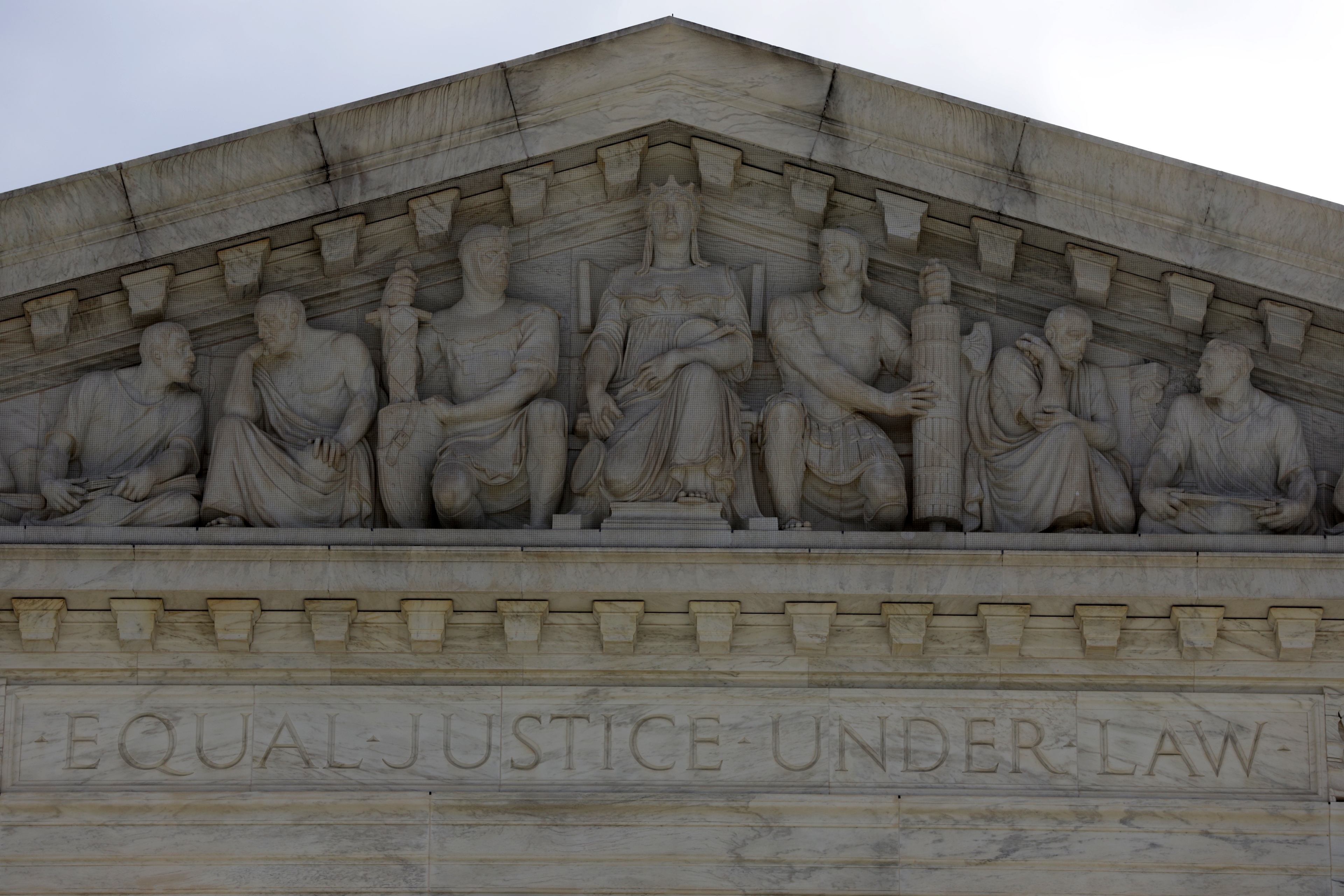 A detail of the exterior of the U.S. Supreme Court building