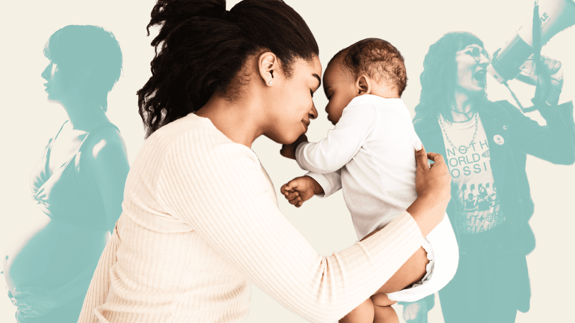 A woman holds a baby while two other women demonstrate in the background