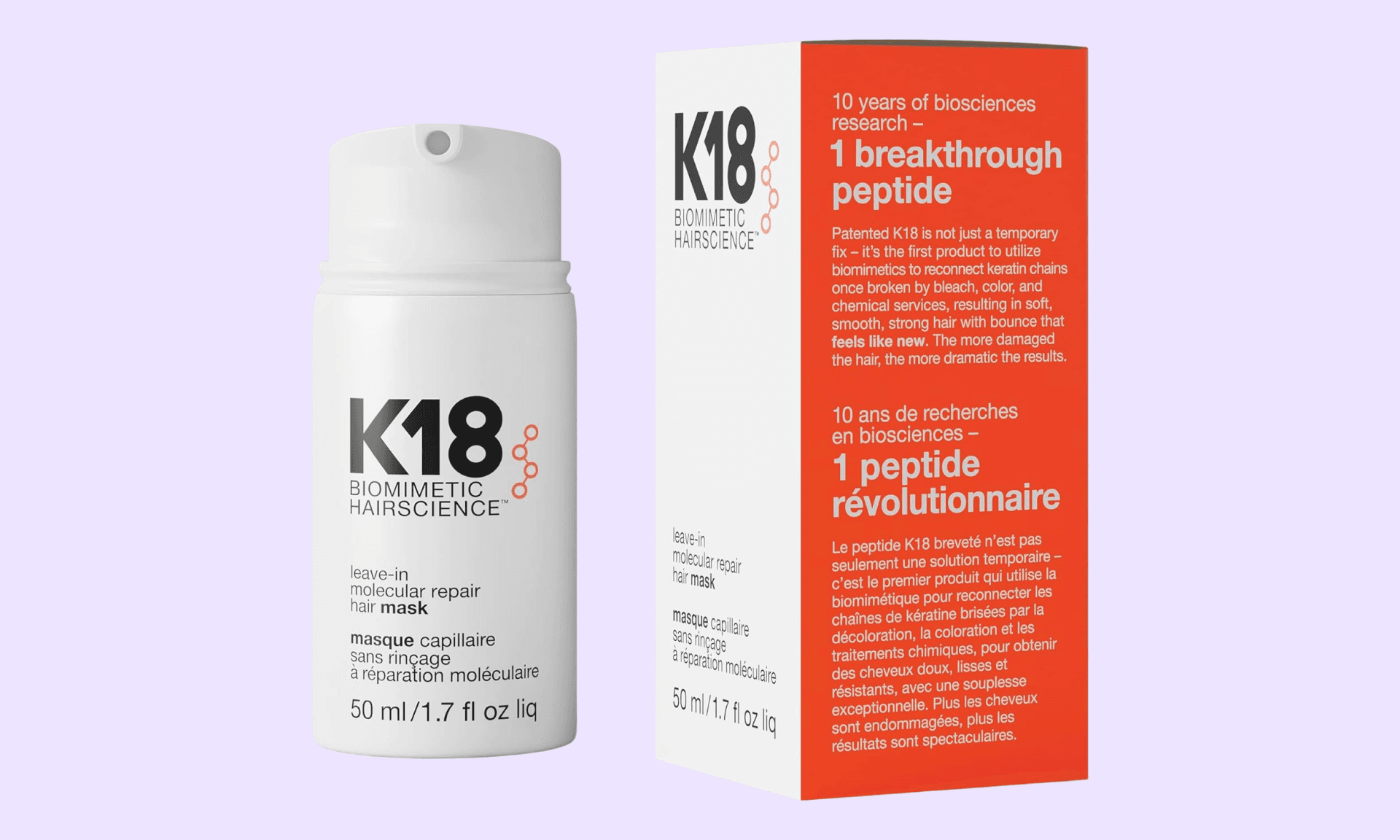 White K18 pump bottle next to white and orange box on light purple background