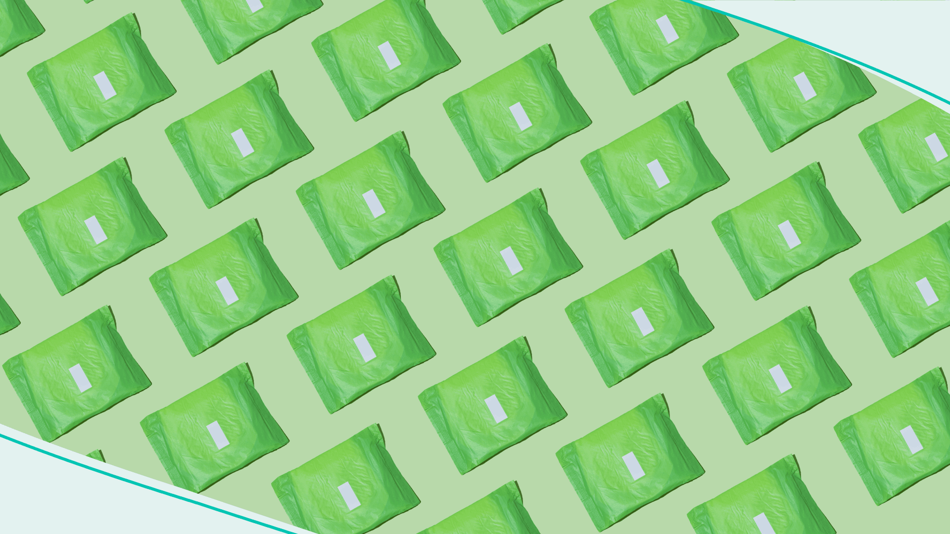 Pattern of Sanitary napkins packed in green paper on green background. Concept of menstruation, ovulation, reproduction, pain and personal hygiene.