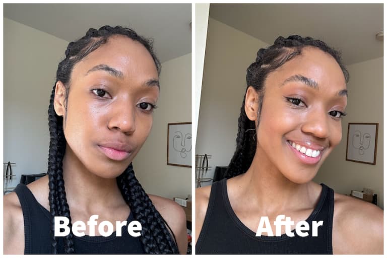 Black woman with braids showing a "before and after" of the Jones Road tinted face powder