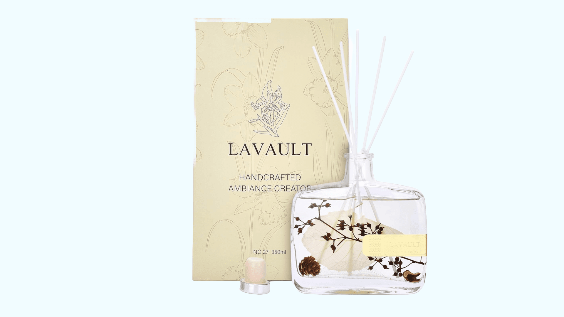 Lavault Reed Diffusers for Home - Greenwhite Ornaments - 100% Natural Materials - Long-Lasting Fragrance - Relaxing Atmosphere, Easy-to-Use & Eco-Friendly, Reusable Glass Bottle Flourish Tea Aroma