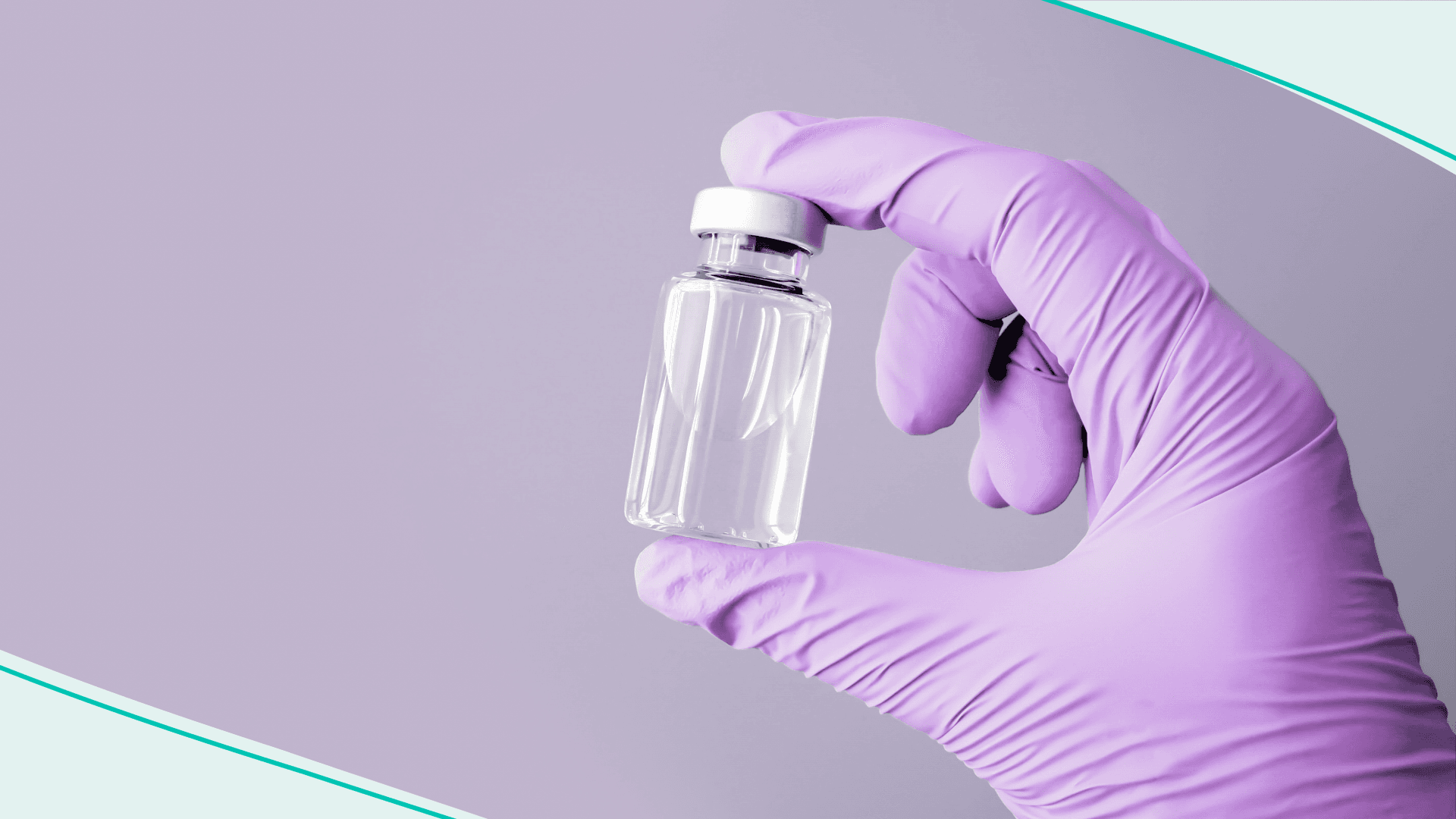Close-up of hand wearing purple nitrile glove holding vial filled with clear liquid against purple background