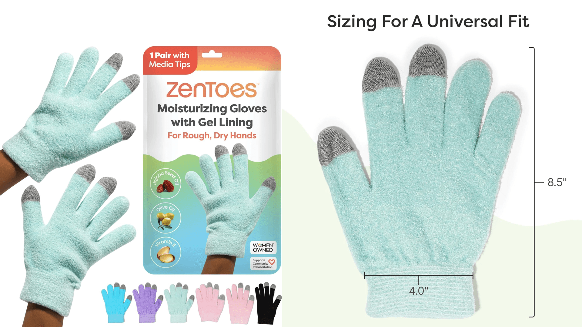 Blue gloves with gray media tips with their packaging and other color options; scale showcasing glove sizing