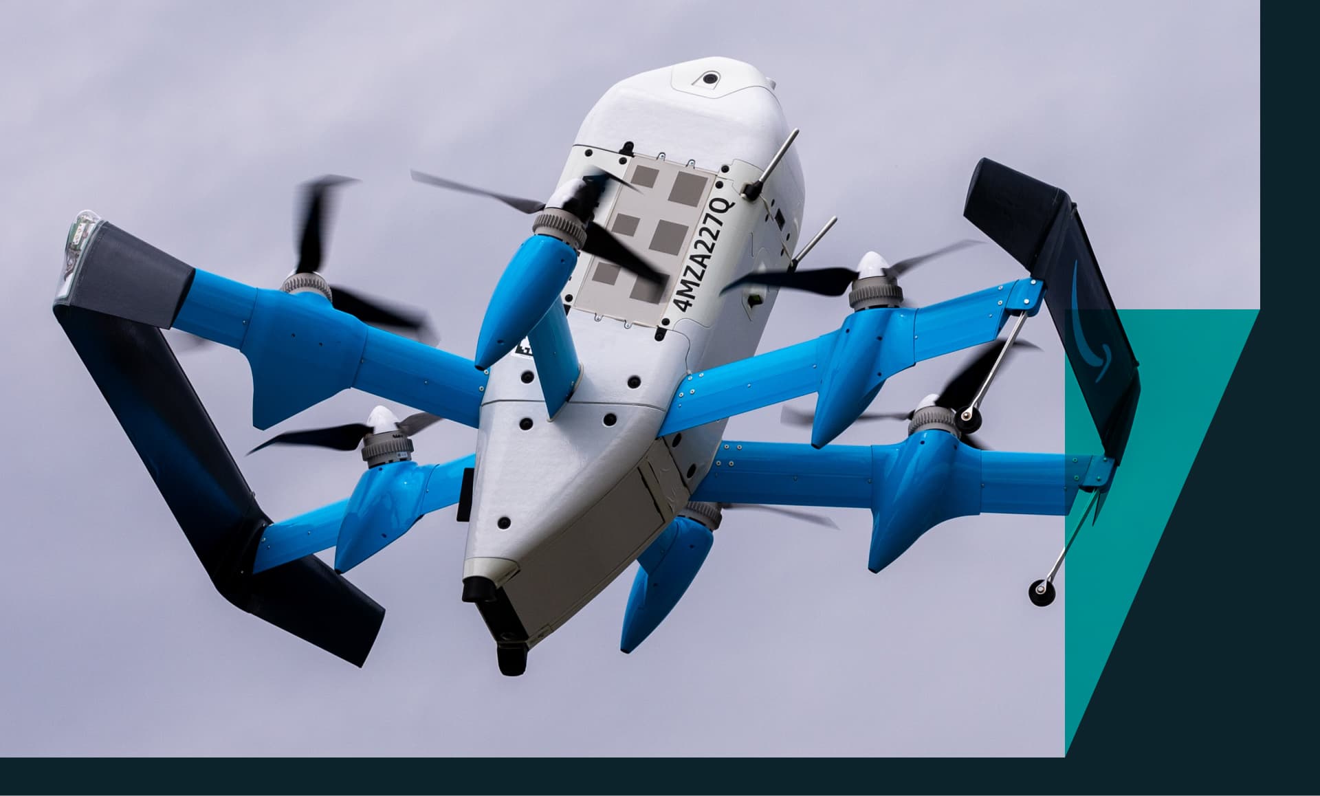 An Amazon drone flies in the air