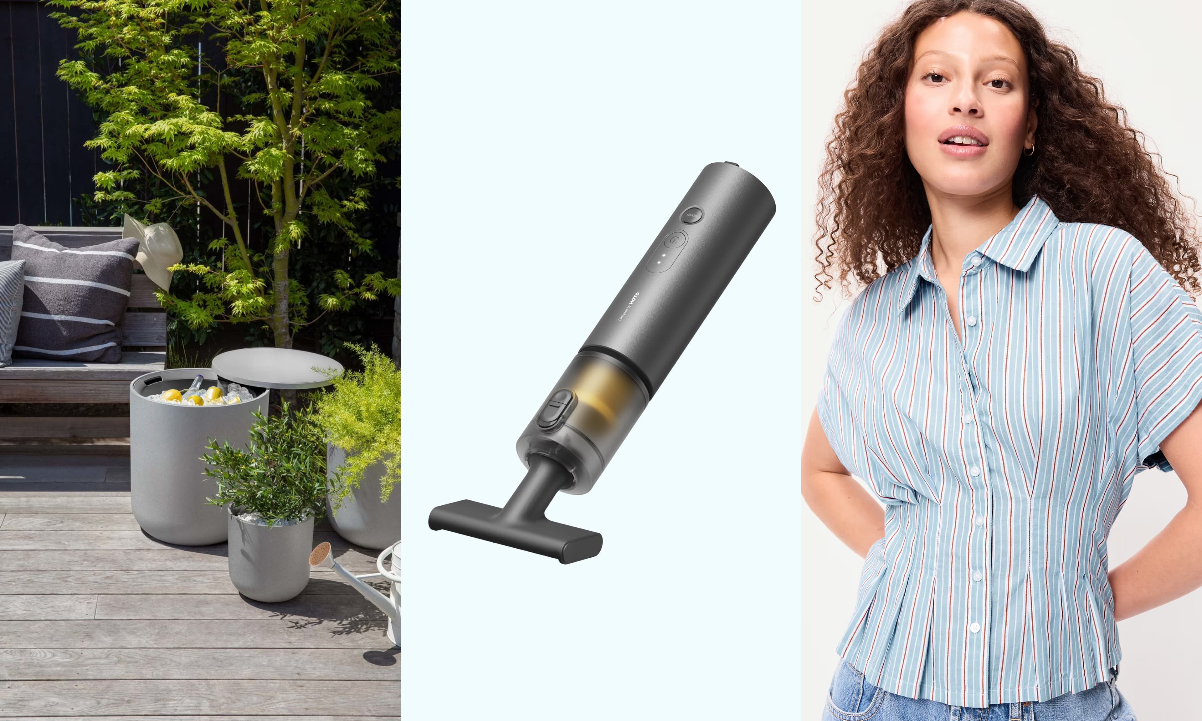 side table, handheld vacuum, ruched top