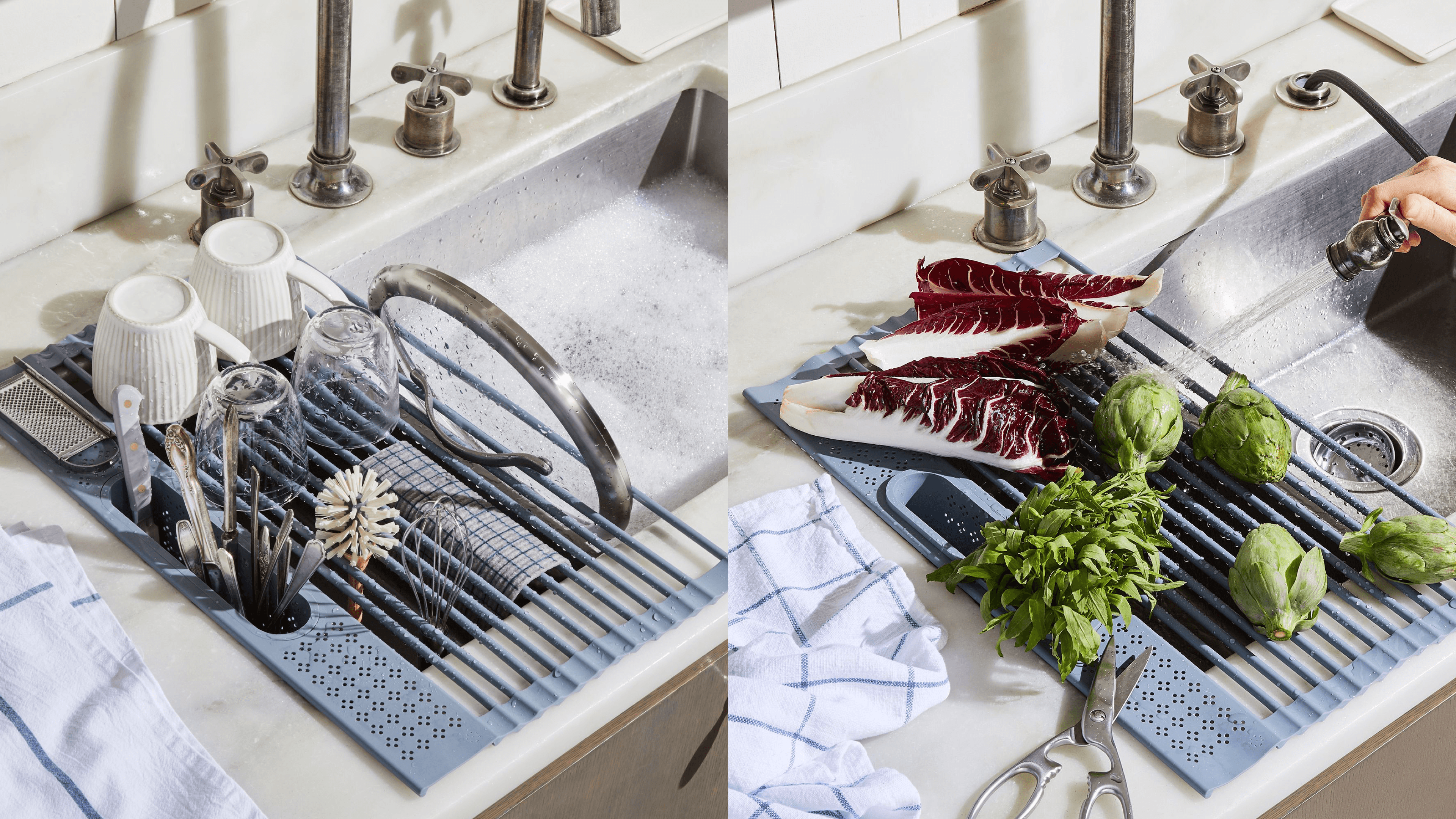collapsible over the sink drying rack for dinnerware