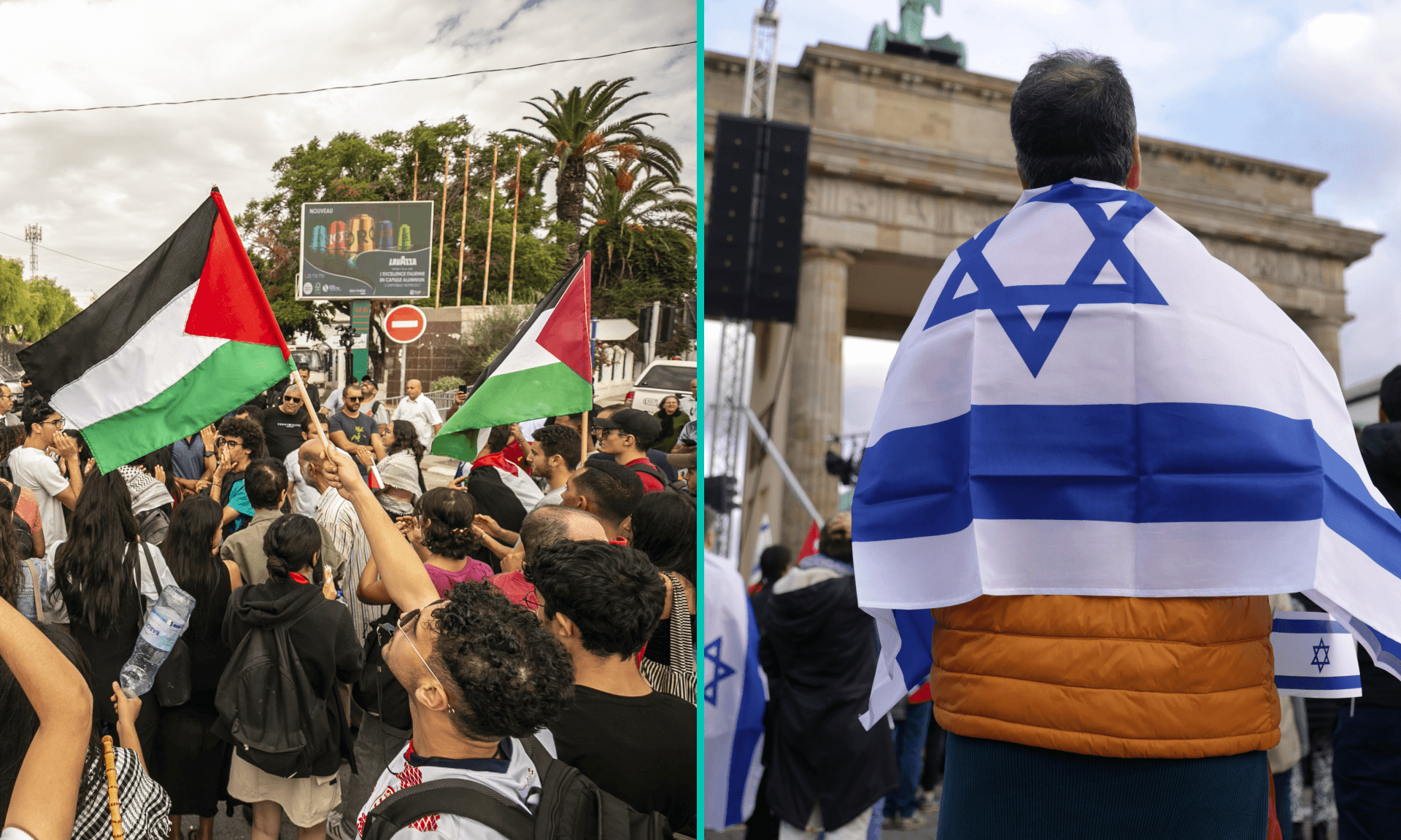People, including some draped in Israeli flags, attend a demonstration to show solidarity with Israel and People holding Palestinian flags and banner