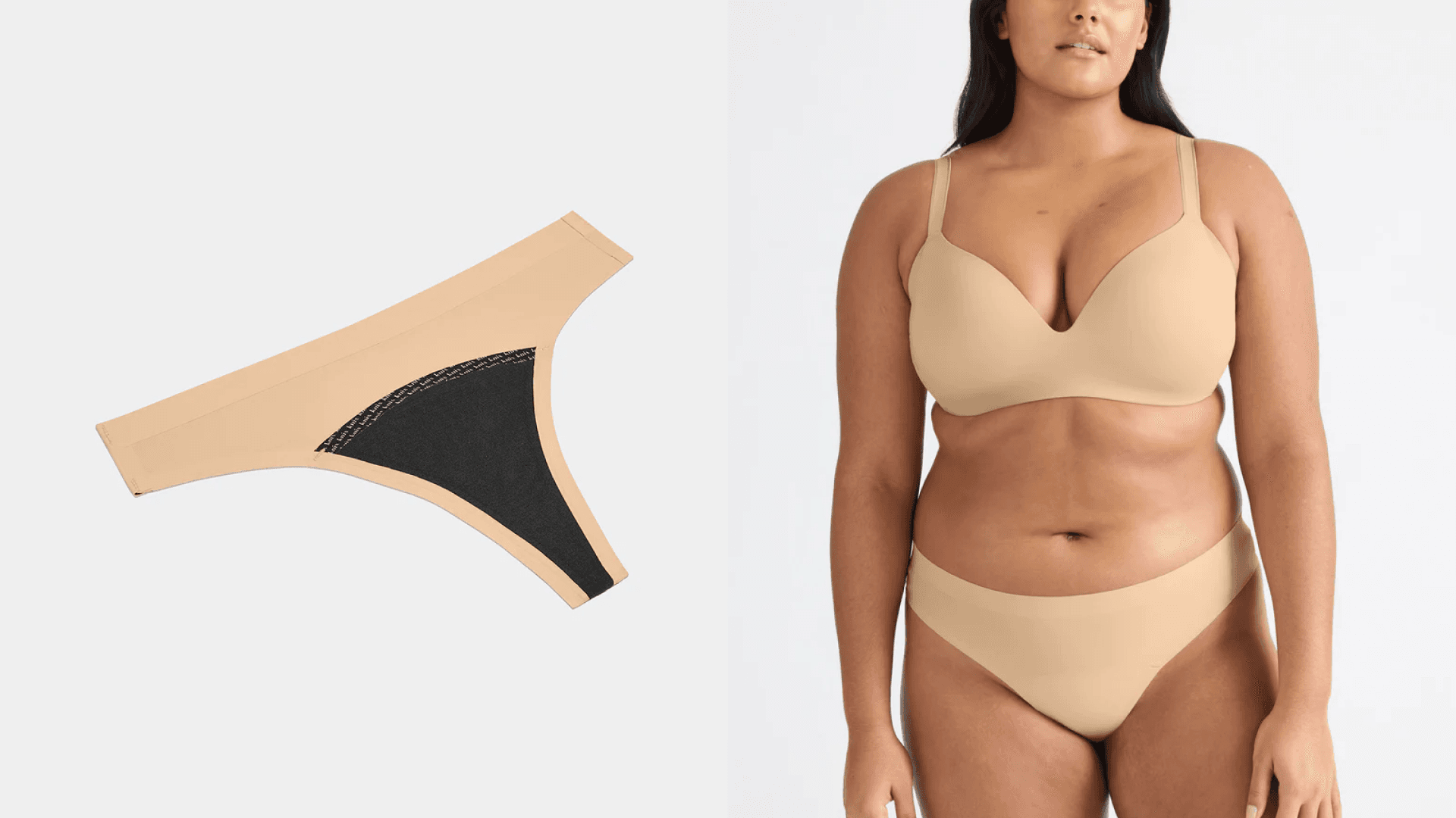 Beige thong inside out to showcase leakproof insert; woman in beige underwear set