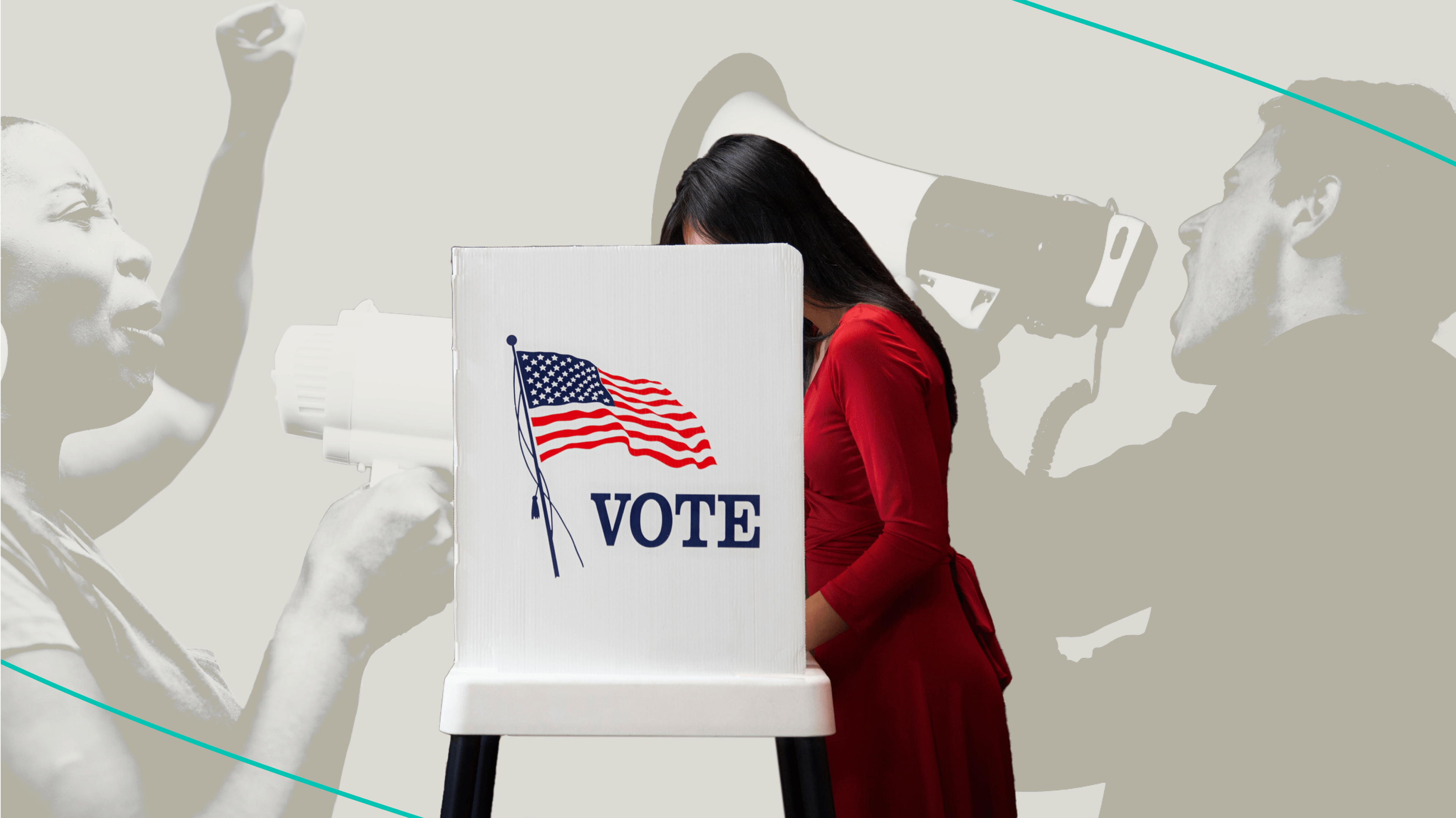 Woman at voting booth with images of protestors behind her