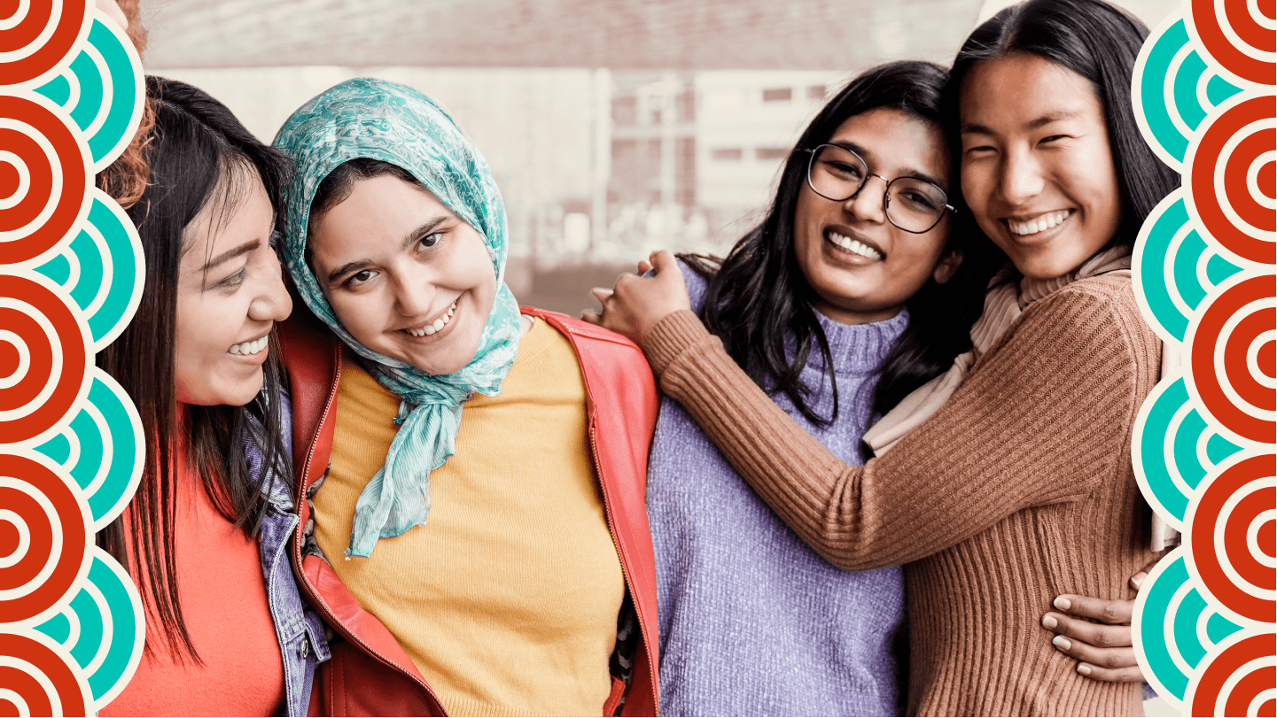 Several APIDA (Asian Pacific Islander Desi American) women embrace.