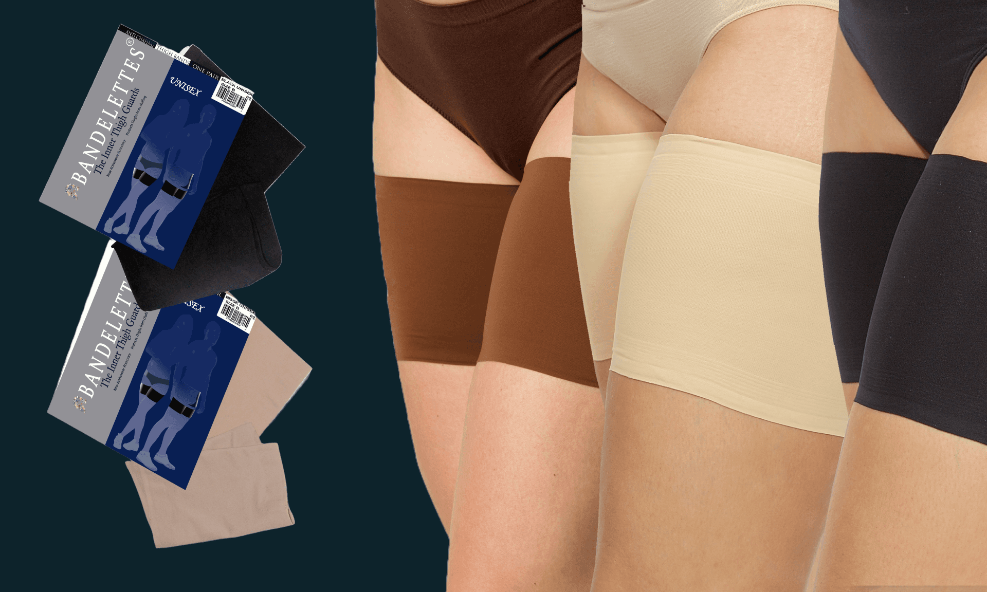 A photo of the bandelettes in their packaging on the left and three models wearing them on the right