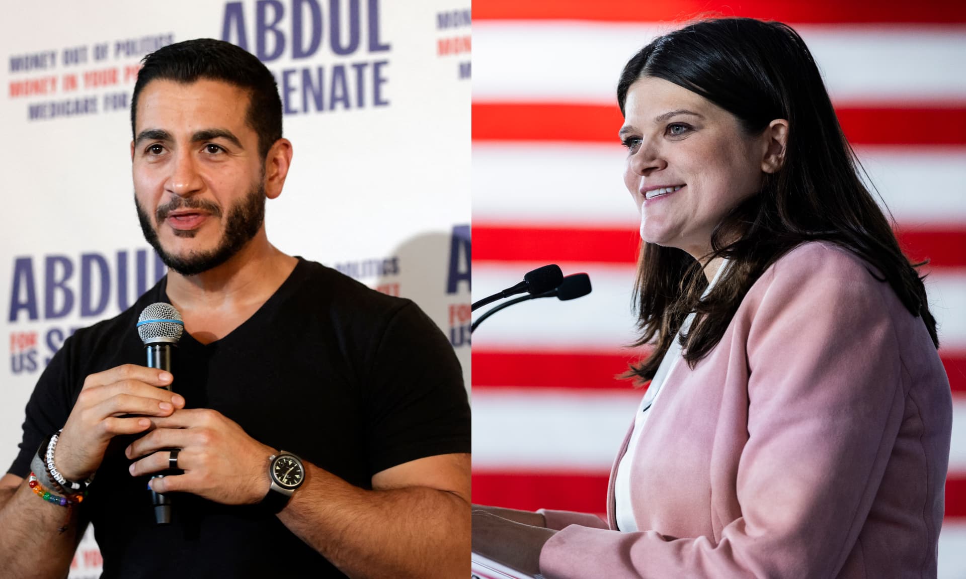 Side by side photos of Michigan's Democratic primary candidates for Senate, Abdul El-Sayed and Rep. Haley Stevens.