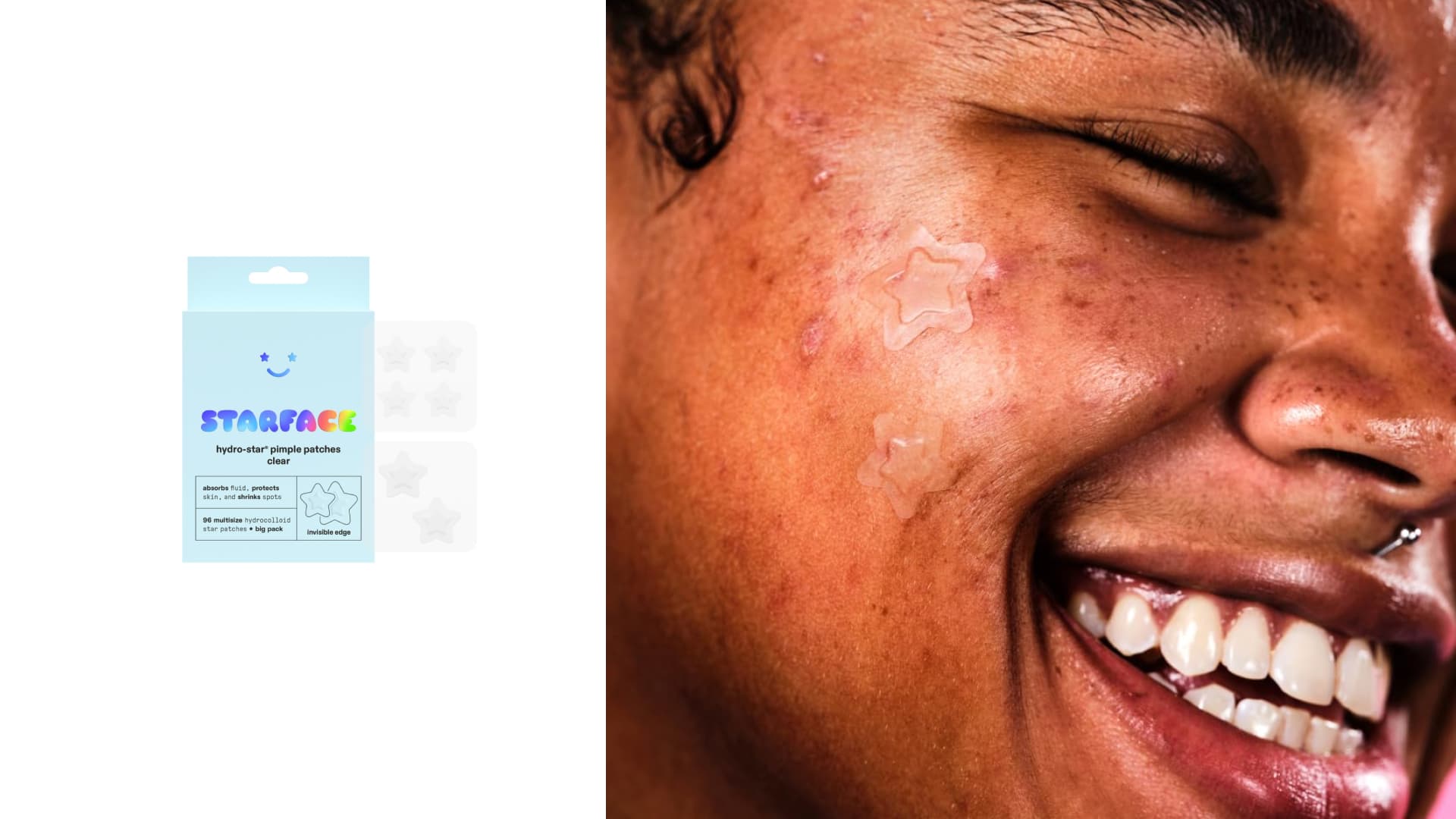 Starface Hydro-Star Clear Big Pack, Invisible Hydrocolloid Pimple Patches, Two Sizes and Star Shape, Absorb Fluid and Reduce Redness (96 Count)