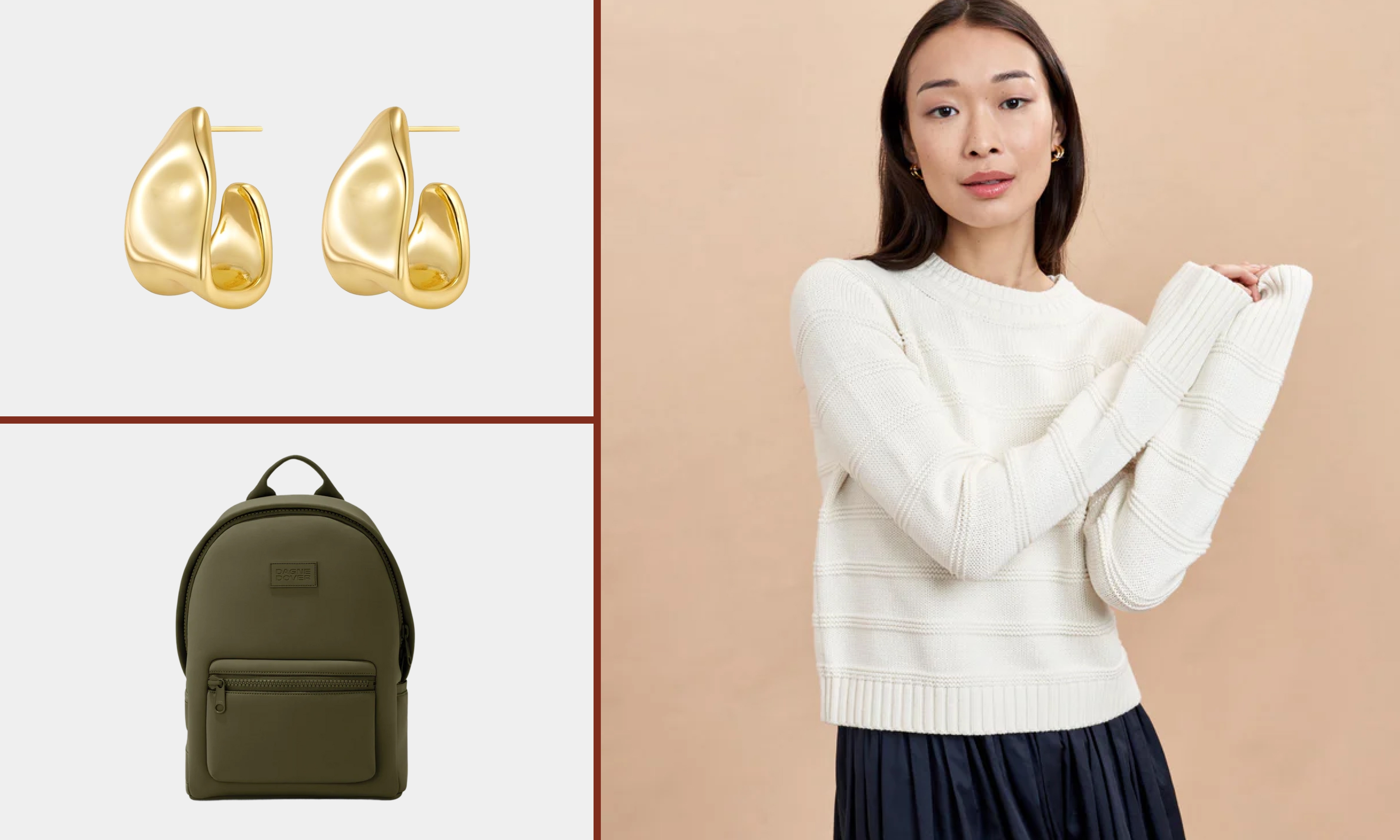 gold earrings, backpack, sweater