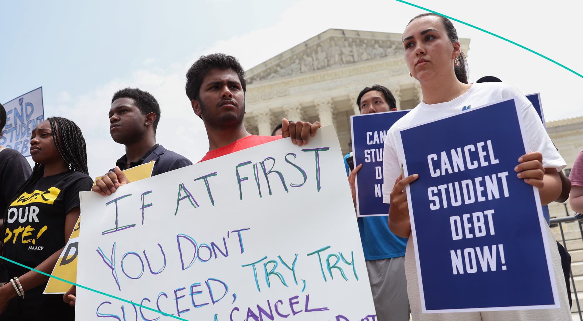 People protesting the SCOTUS decision on student loan forgiveness