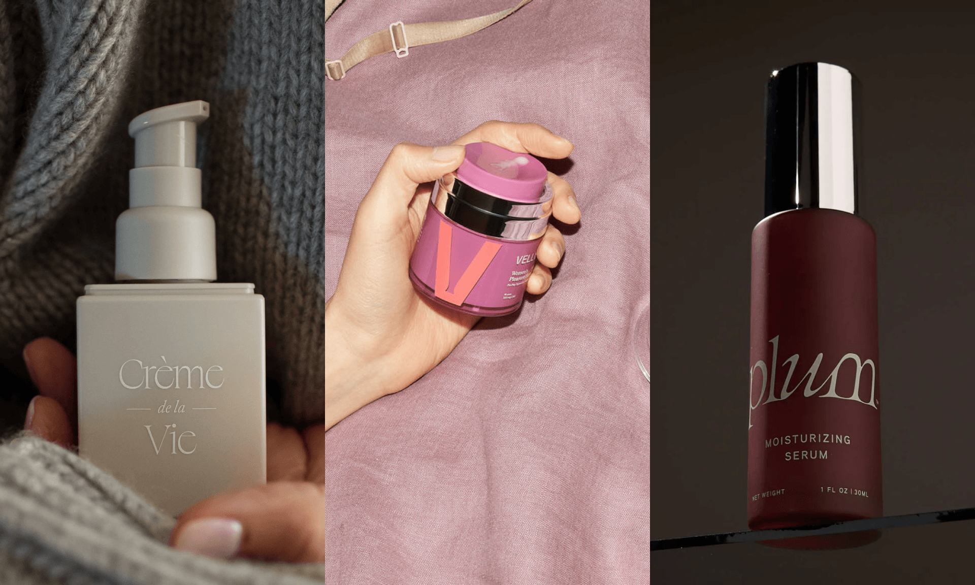 Taupe bottle with pump; hand holding pink jar with orange writing on pink duvet; dark purple bottle with stainless steel top on dark olive background