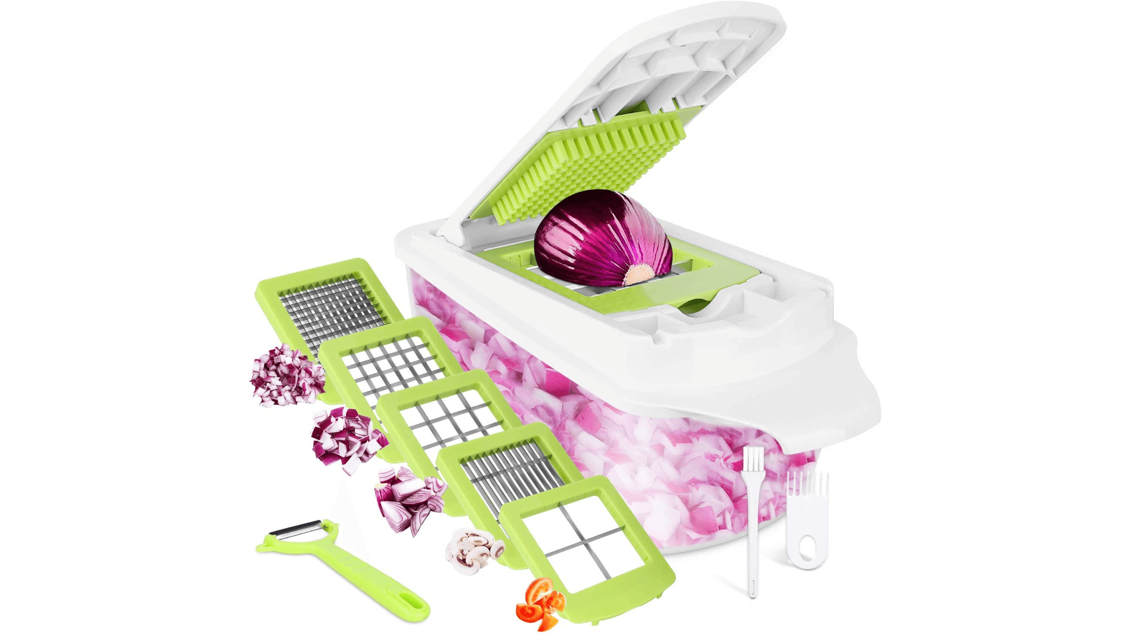 veggie chopper with different size blades so you can easily chop ingredients in bulk