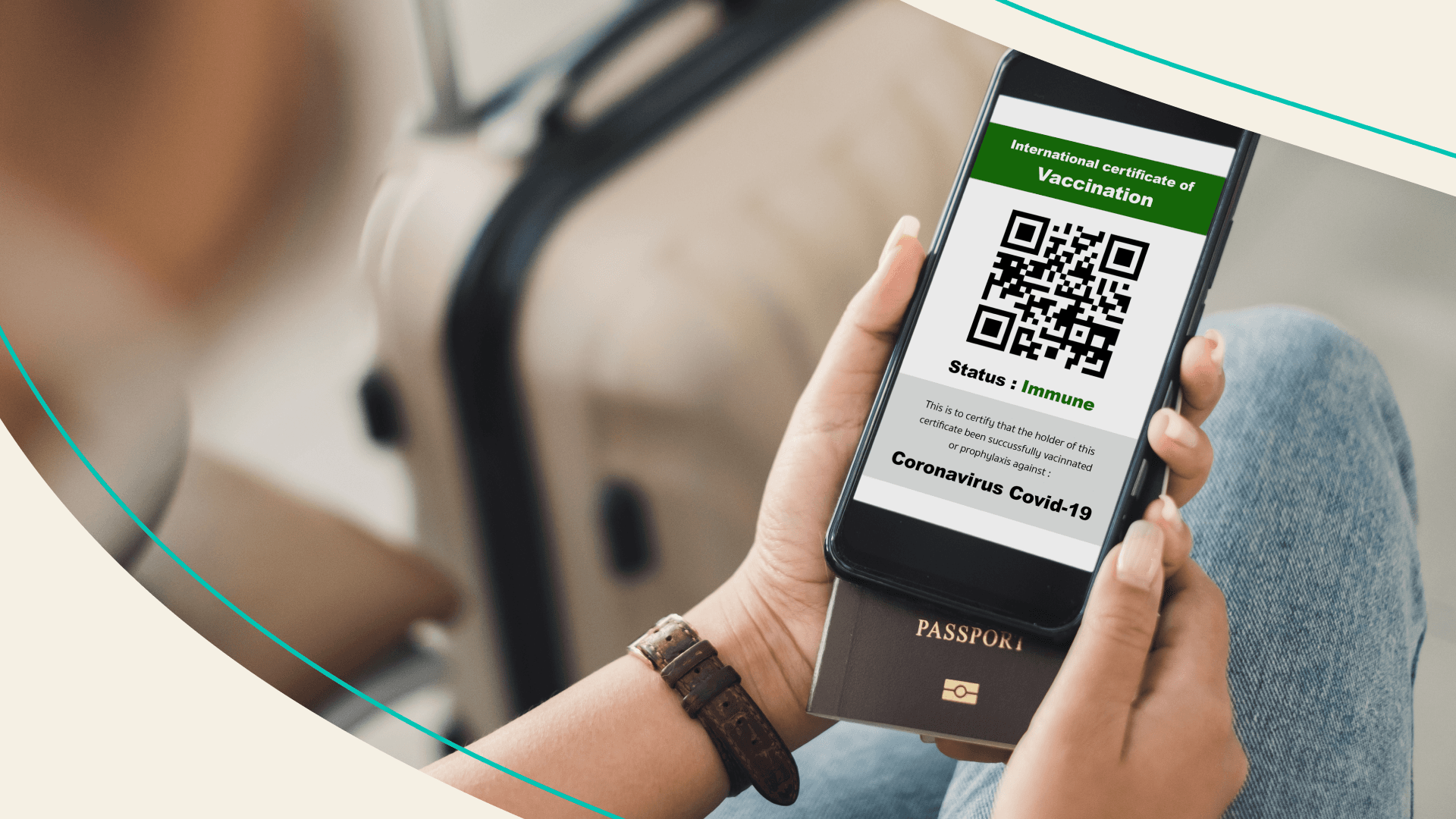 Woman holding a passport book and a phone with a vaccine passport qr code on it