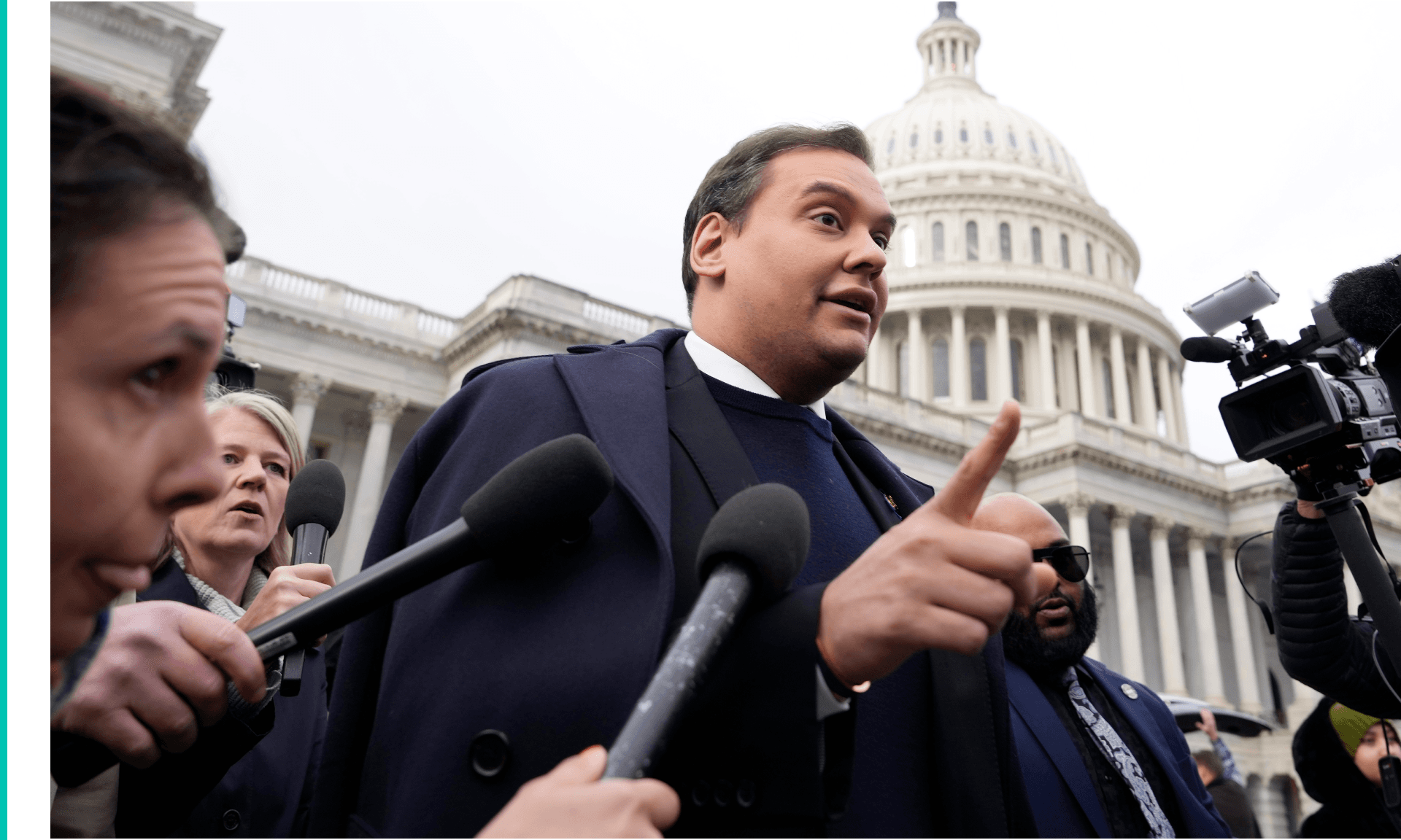 Rep. George Santos (R-NY) is surrounded by journalists as he leaves the U.S. Capitol after his fellow members of Congress voted to expel him from the House of Representatives