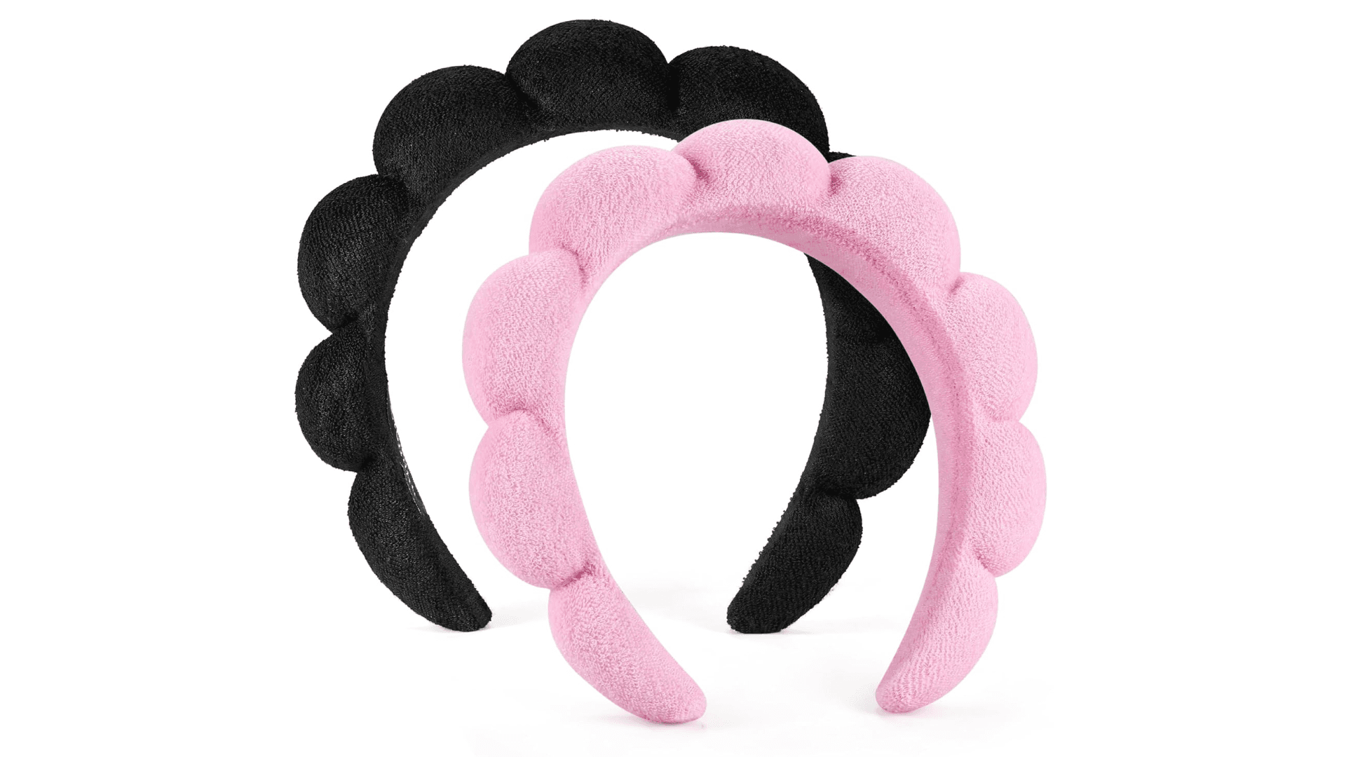 Two terrycloth headbands in black and pink