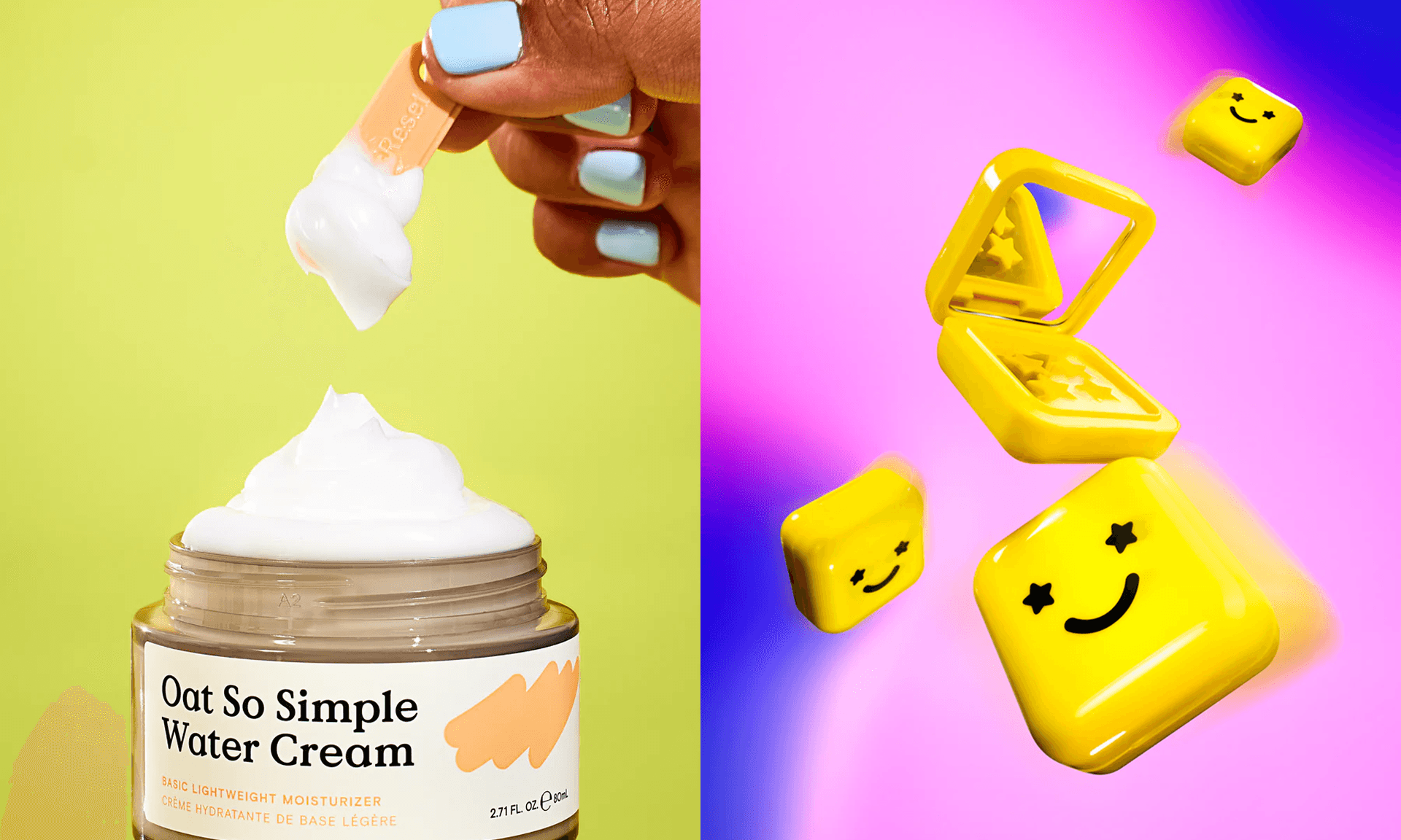 Woman dipping spatula into skin cream; packages on Starface pimple patches on pink blurred background