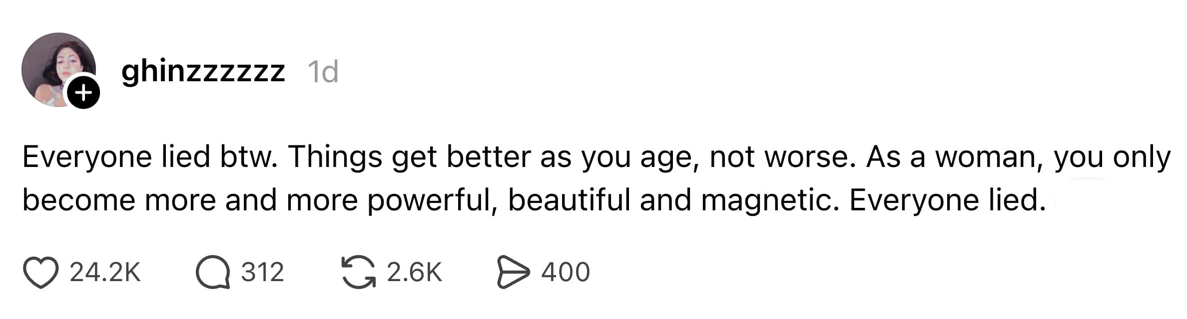 Threads post about how women get better as they age, not worse.