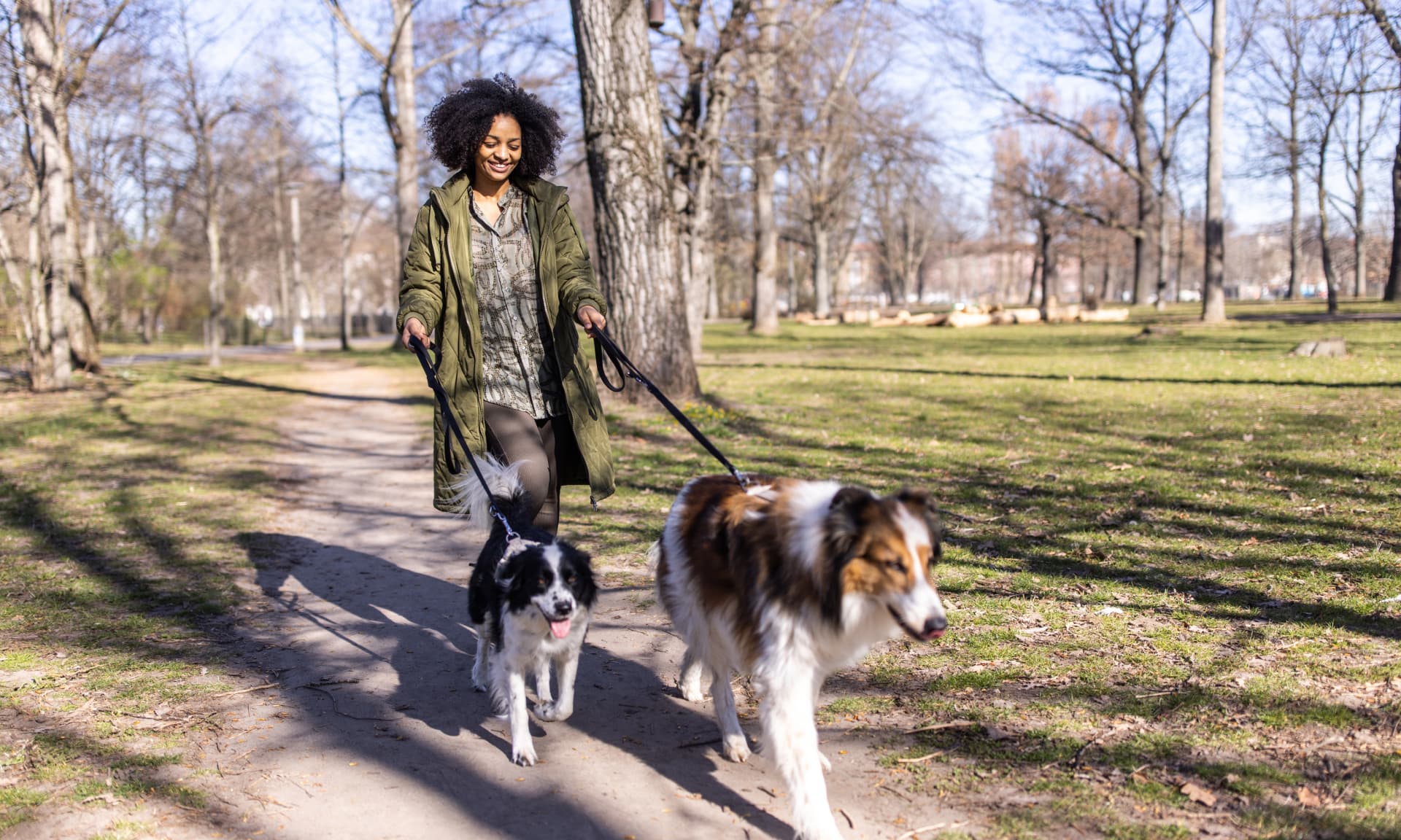 Woman walking two dogs