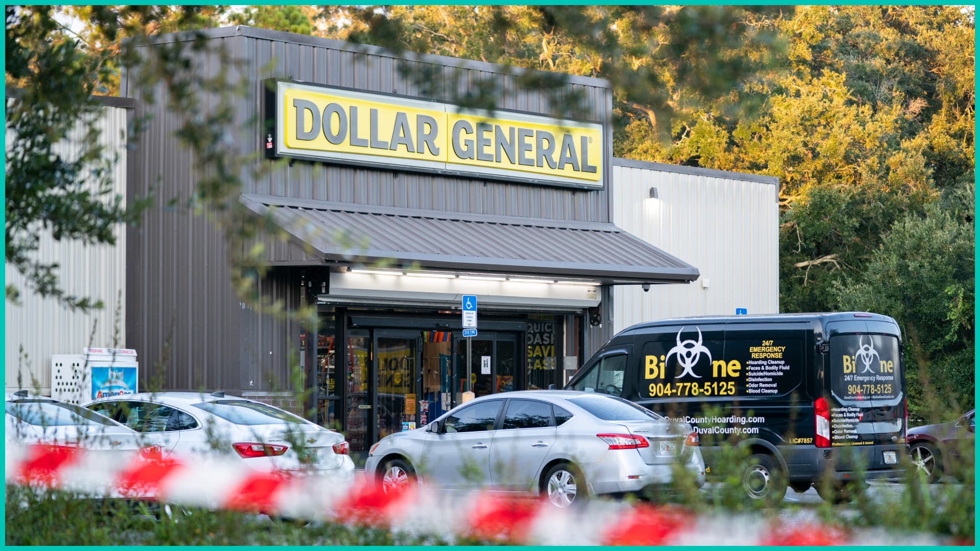 A biohazard cleanup vehicle is parked outside the Dollar General store where three people were shot and killed the day before on August 27, 2023 in Jacksonville, Florida.