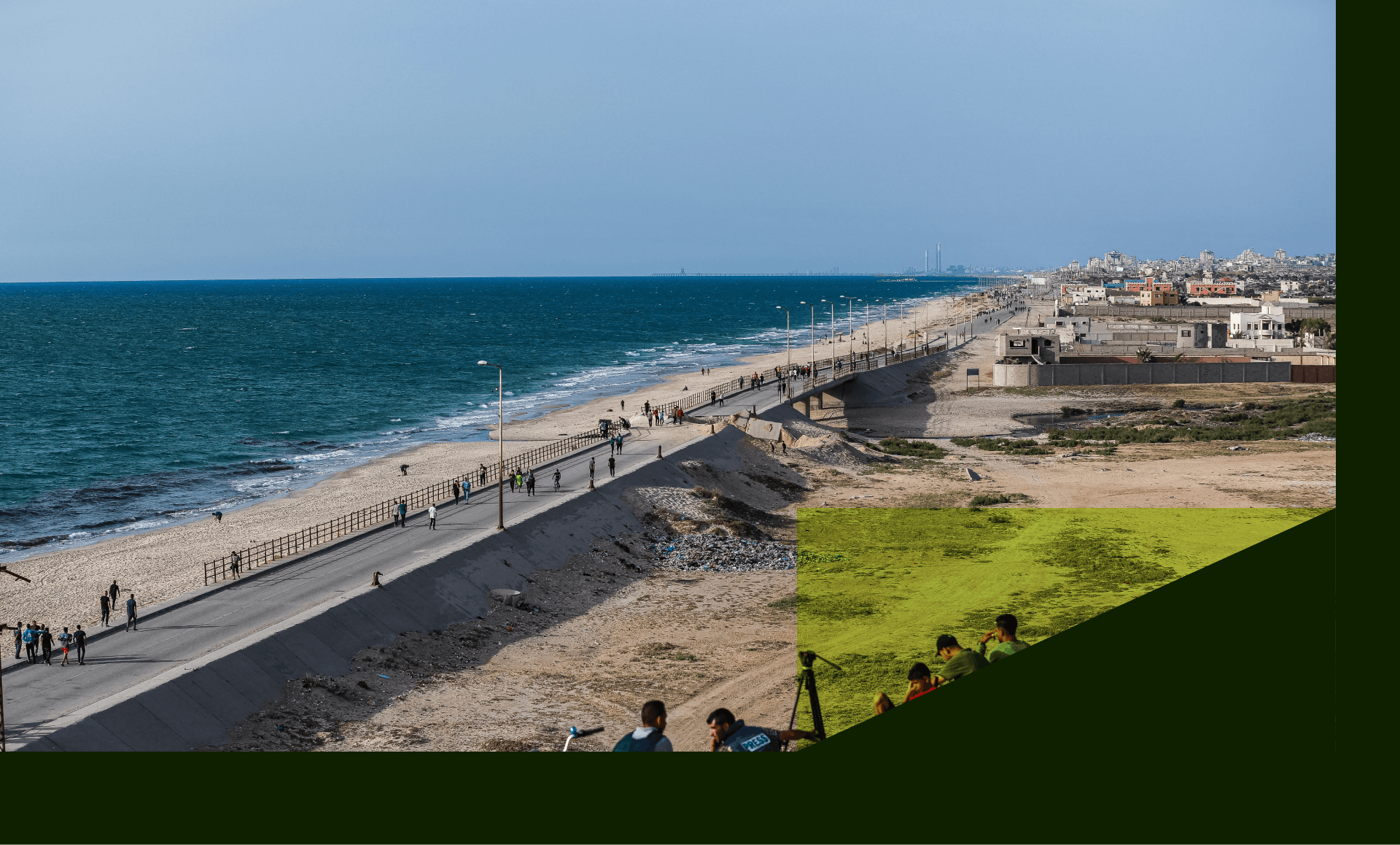 Palestinians watch the US military ships in the Gaza floating pier on the Mediterranean Sea offshore installed by the US military to deliver aid to Gaza on May 17, 2024