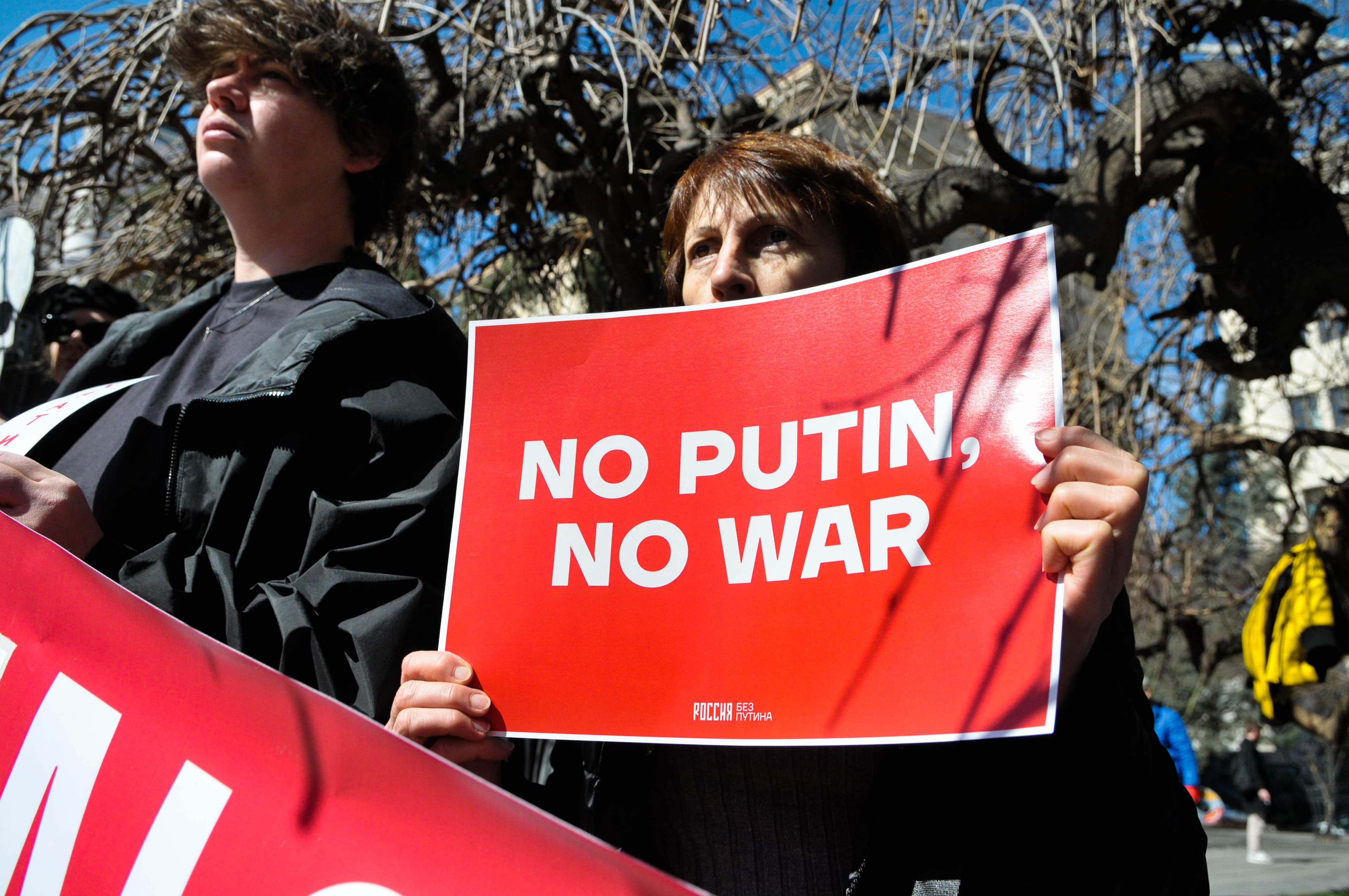Russian demonstrators protest against the president Vladimir Putin in Tbilisi, Georgia