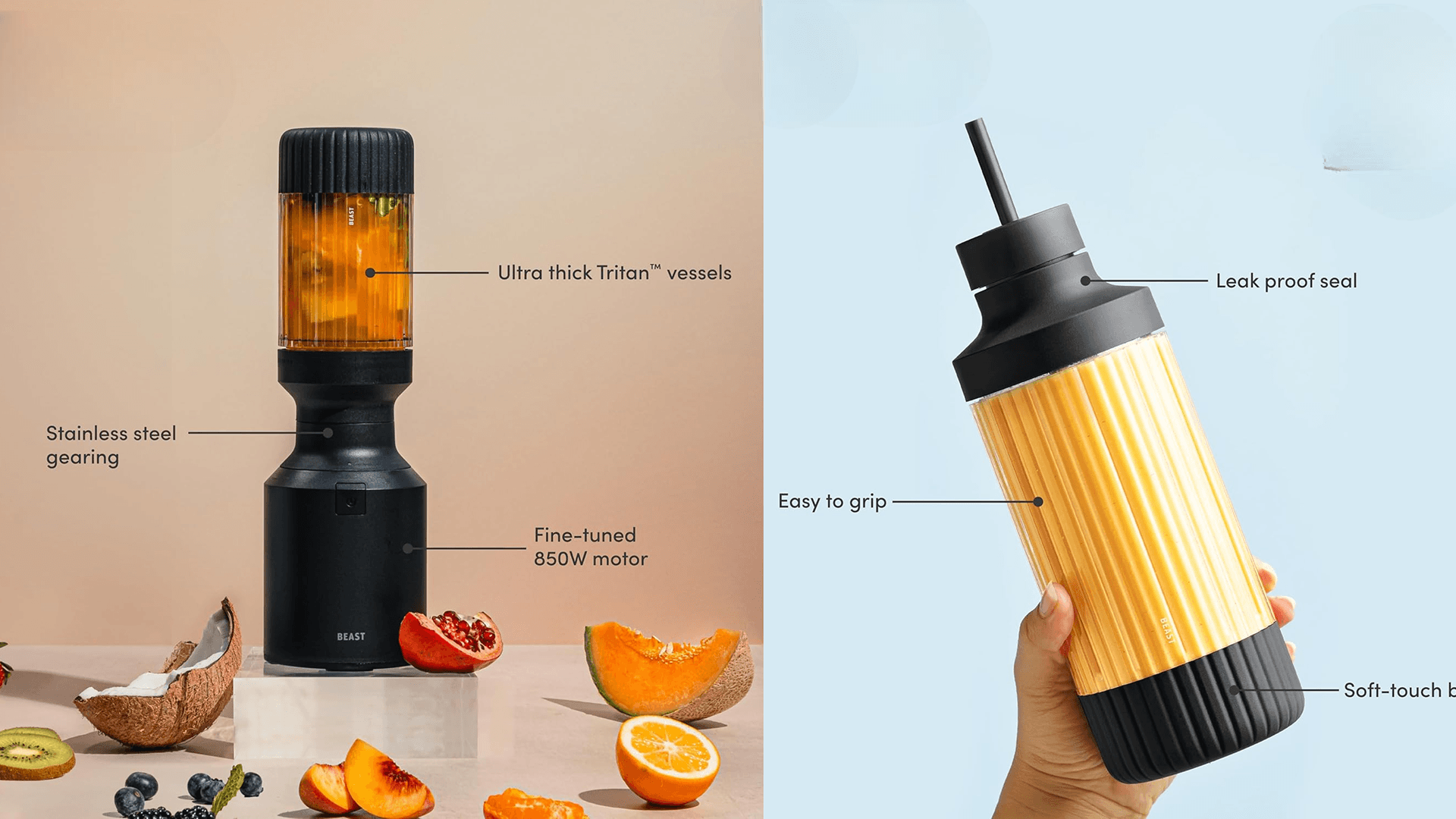 Beast Mighty 850 Plus | Premium Compact Personal Blender | Smoothies, Shakes, Dressings, Sauces | Blends Ice and Frozen Fruit | New XL Vessel | Extra Vessels, Lids and Straws | 850W (Carbon Black)