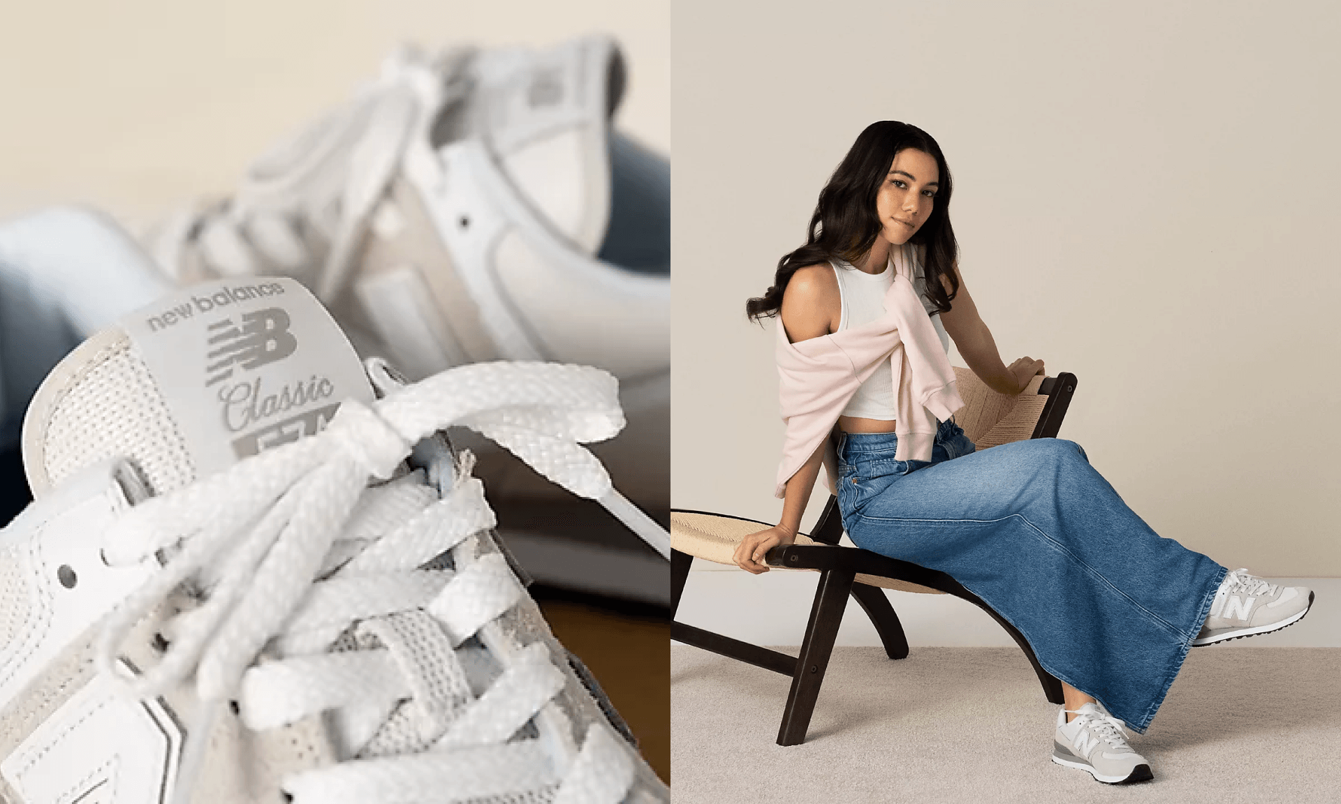 Close-up of New Balance 574s; woman in baggy jeans wearing New Balance 574s