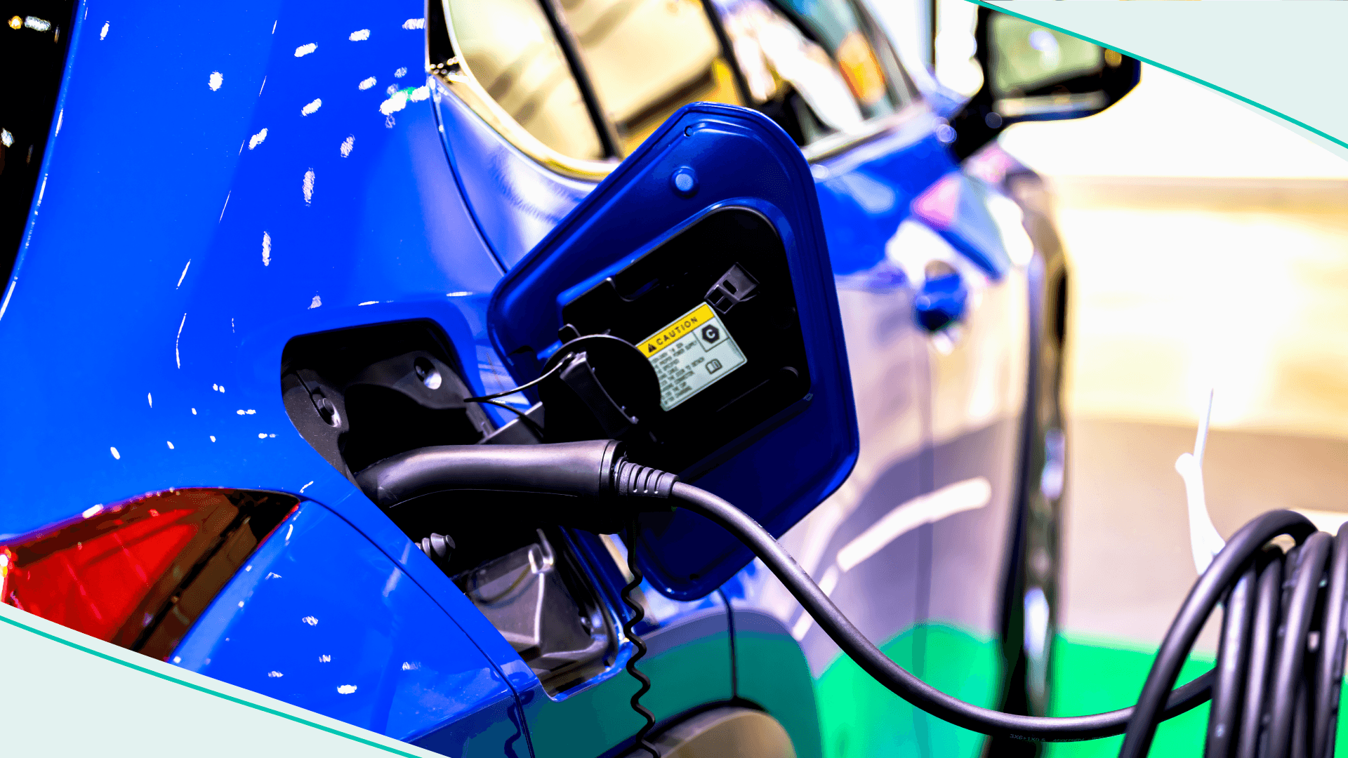 Power supply for electric car charging. Electric car charging station. Close up of the power supply plugged