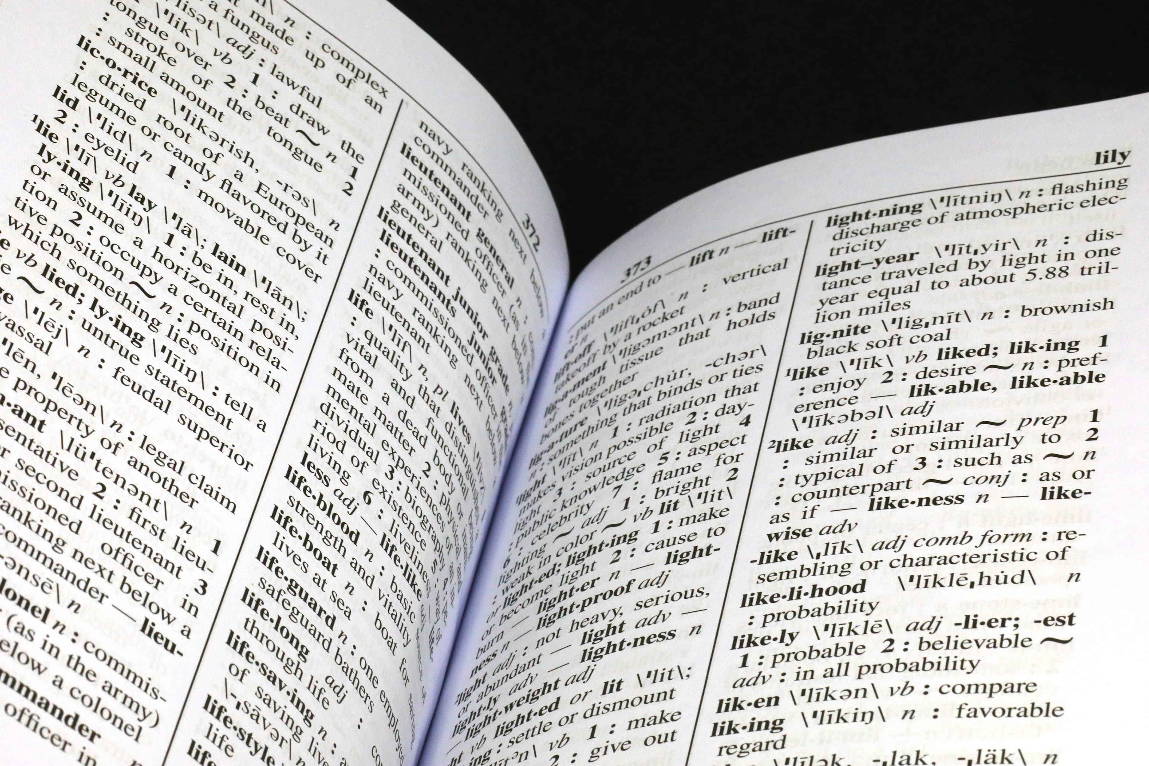 Open dictionary book with definitions