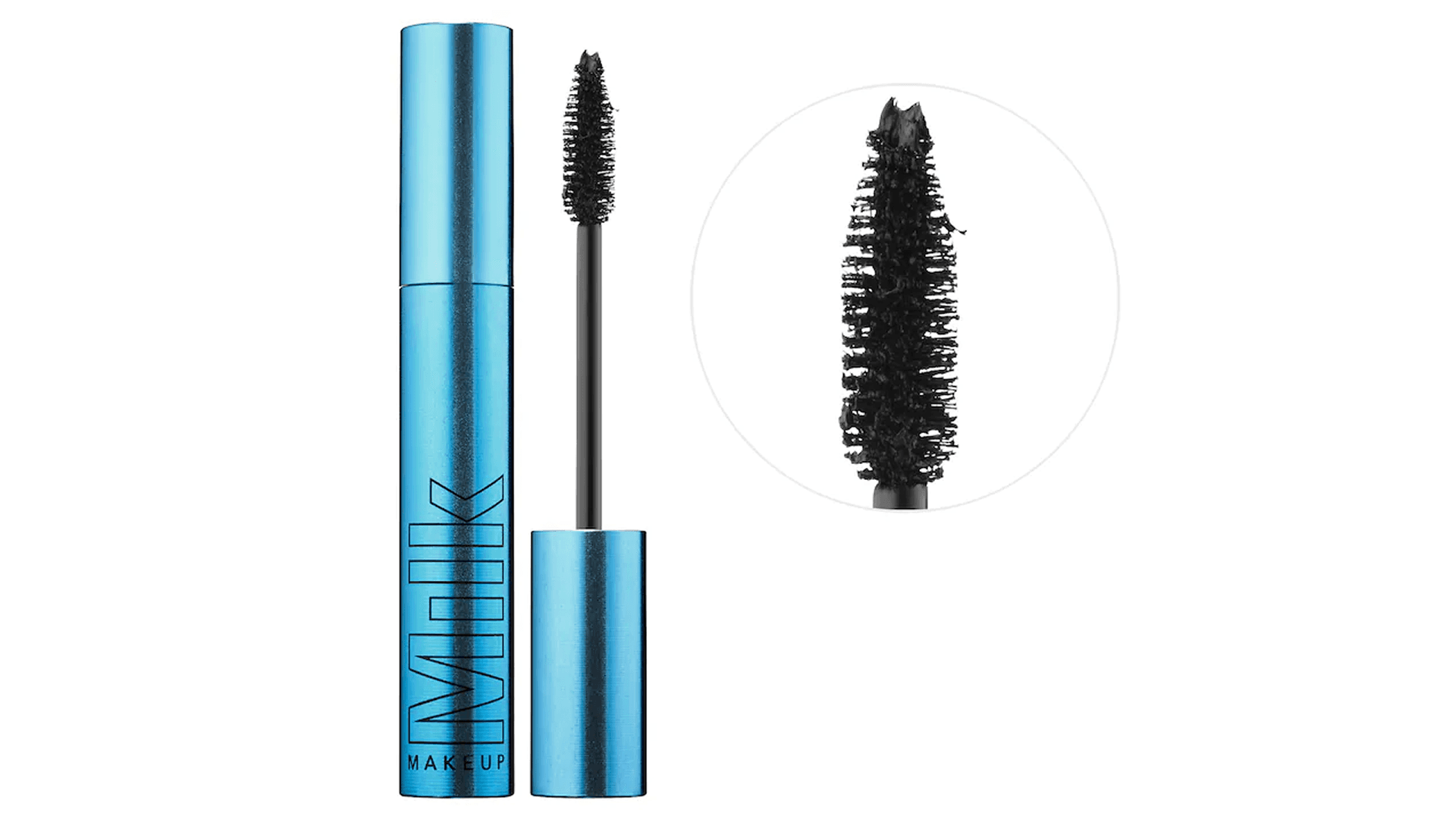 Metallic blue tube of mascara and closeup of wand